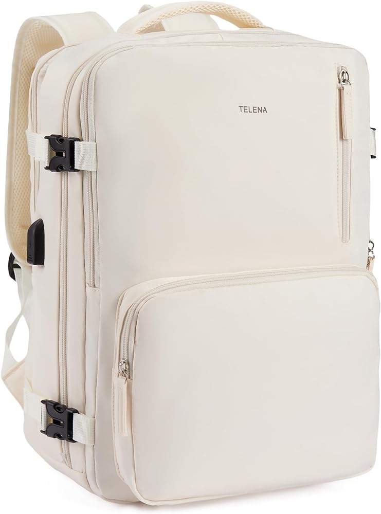 Telena Travel Backpack for Women Large Carry On Backpack Airline Approved Personal Item Backpack with USB Charging Port Waterproof Casual Bag, Beige