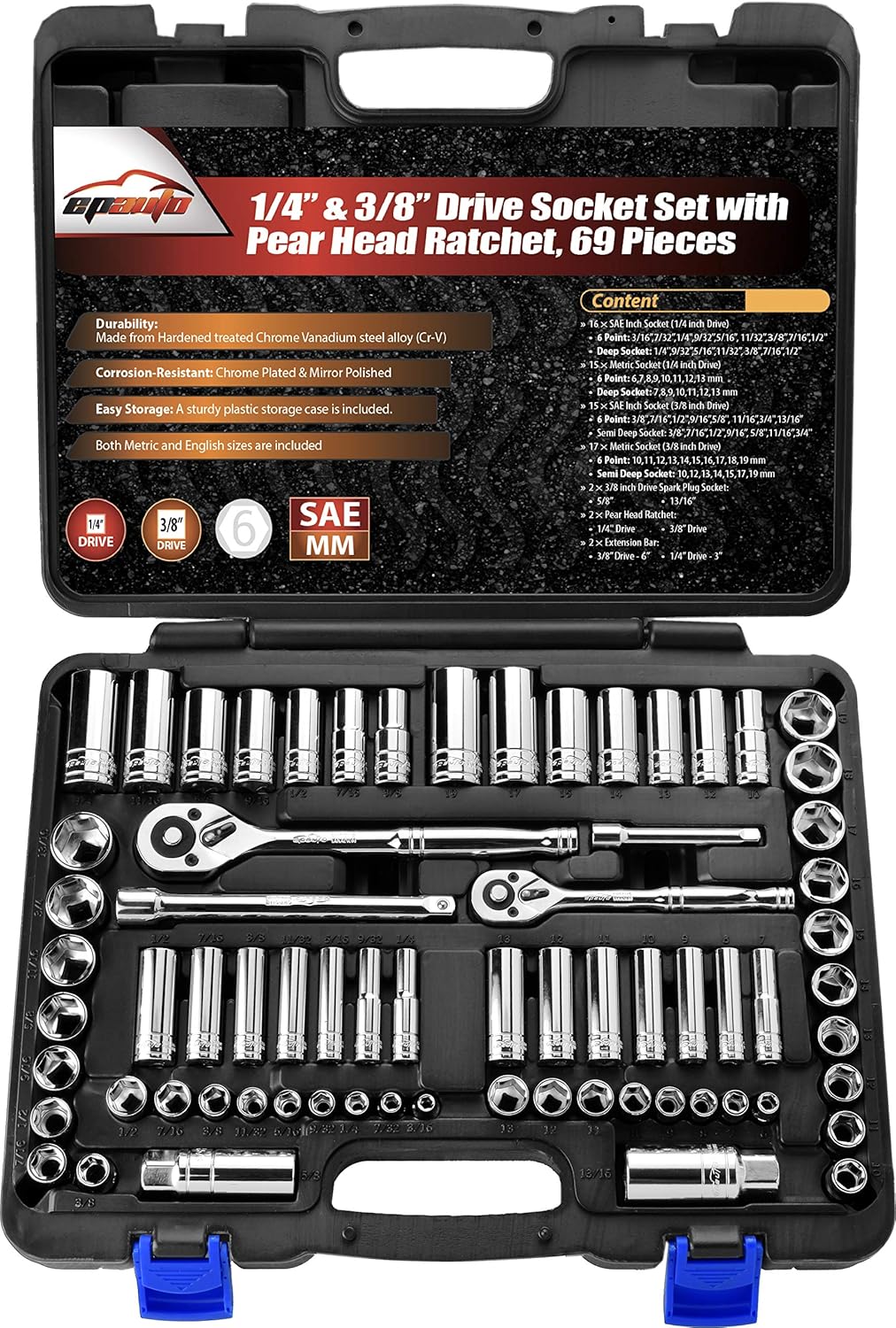 EPAuto 69 Pieces - 1/4 & 3/8 Drive Socket Set with Pear Head Ratchet, Chrome (92-824)