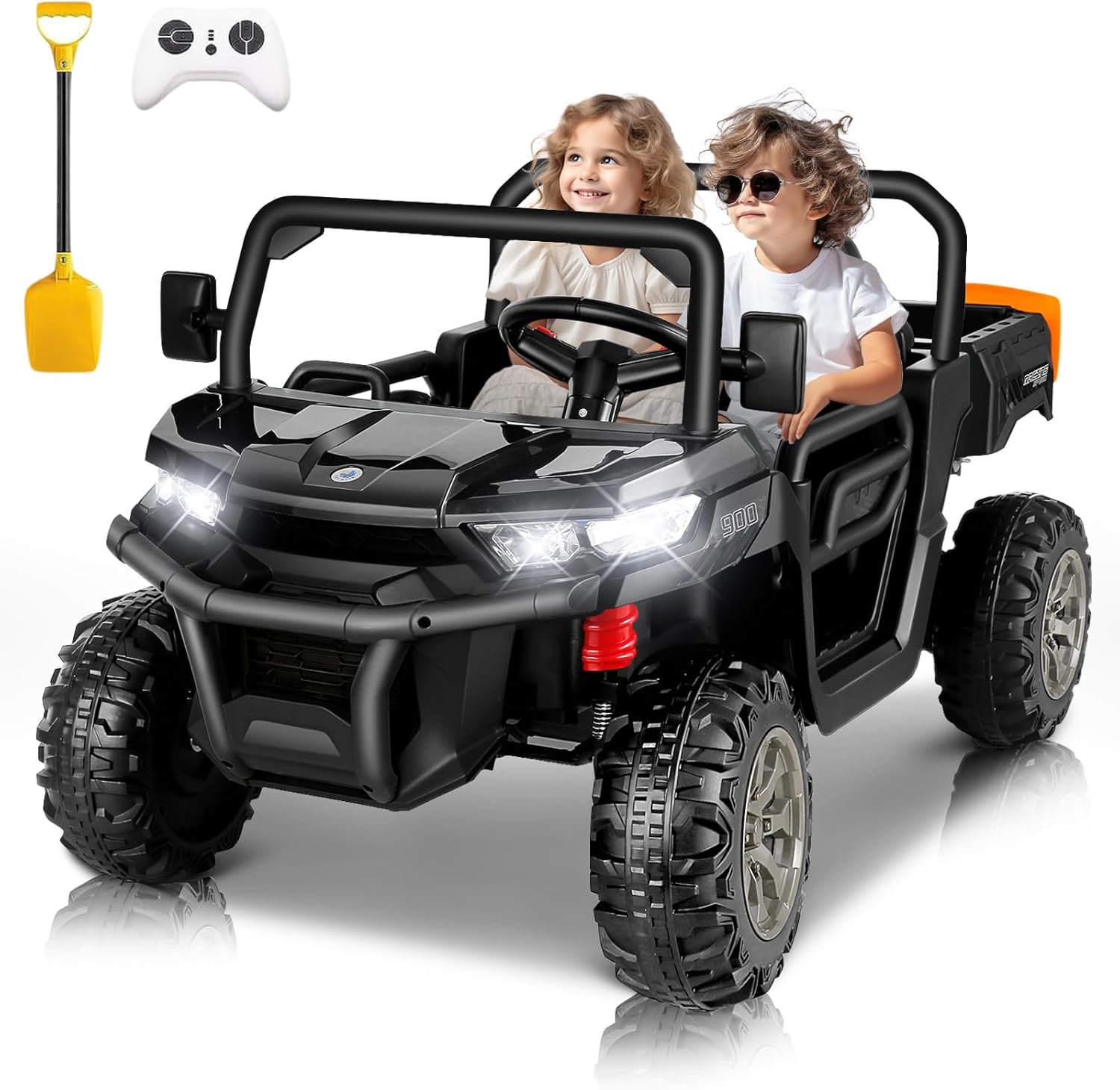 Hikole 24V Kids Ride On Dump Truck with Electric Dump Bed and Shovel, 4WD 2 Seater Truck Car Toys w/Parent Remote Control, 3 Speeds, Music, Bluetooth- 24 Volt Ride On Toys for Big Kids, Black