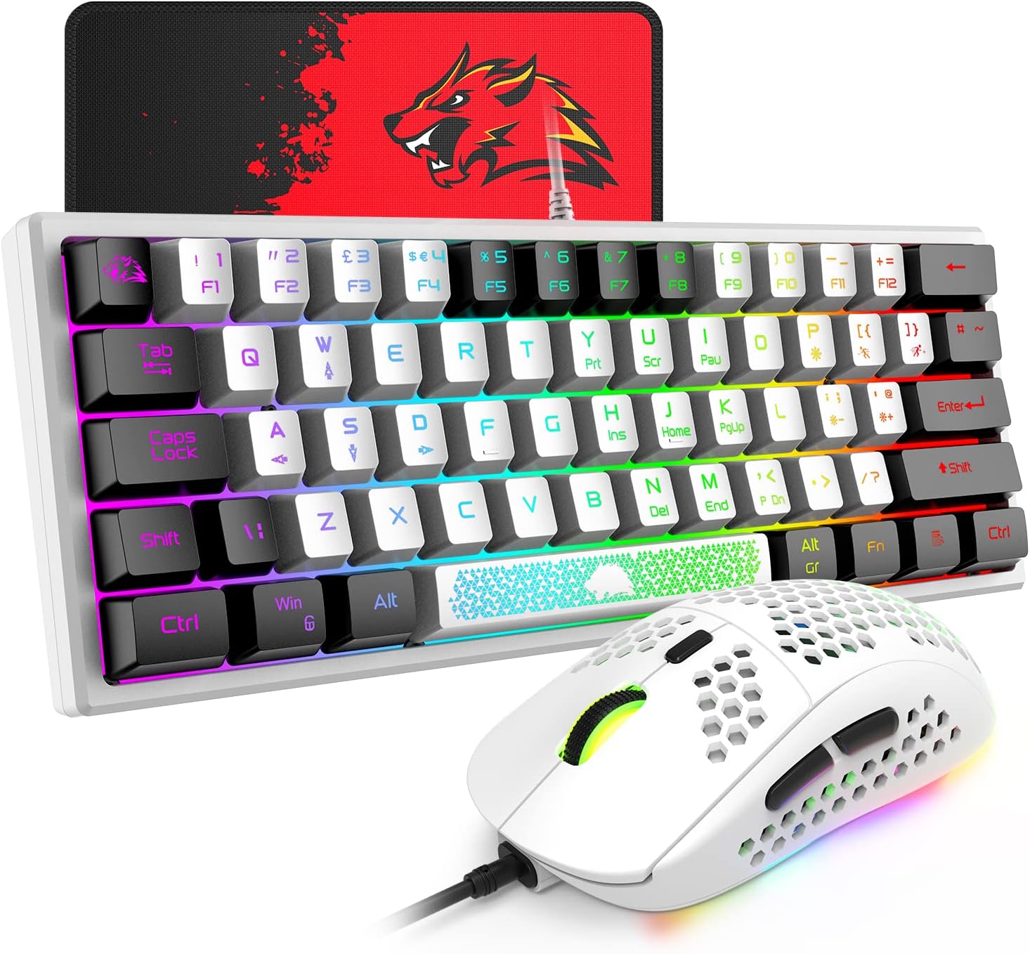 60% Wired Gaming Keyboard and Mouse Combo True RGB Mini Mechanical Feel Ultra-Compact Keyboard and RGB 6400 DPI Honeycomb Optical Mouse,Gaming Mouse pad for Windows Mac Laptop PC Gamer