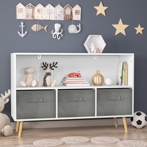 Kids Bookshelf with Toy Storage Organizer,35.5 Bookcase with Bins for Nursery Playroom Furniture Kids Bedroom Kids Reading Nook,35.5x11,Grey