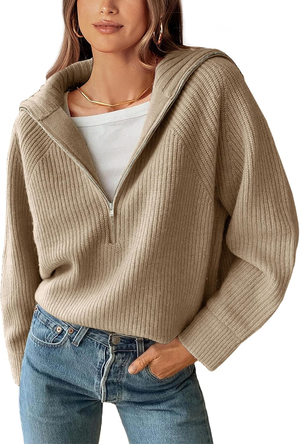 BTFBM Womens Casual Long Sleeve Half Zip Pullover Sweaters Solid V Neck Collar Ribbed Knitted Loose Slouchy Jumper Tops