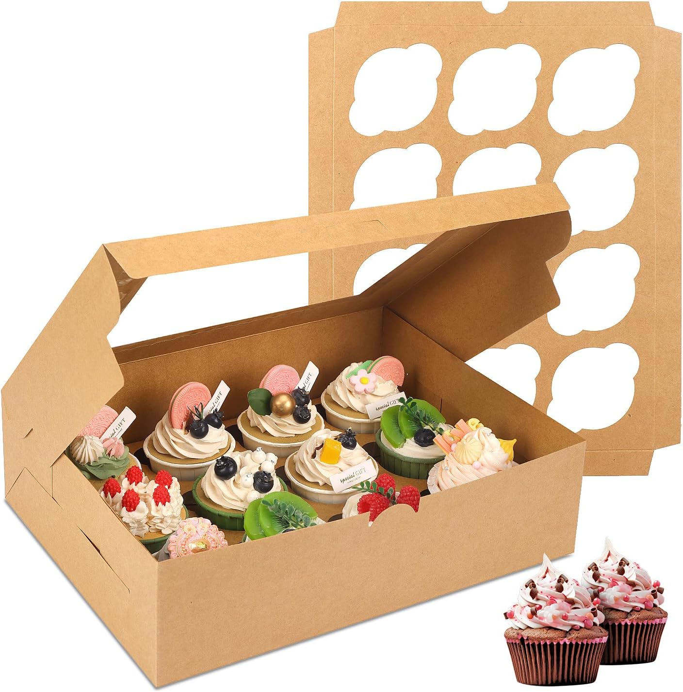 I ordered these boxes for my baking business and they do not disappoint! The box design is a rustic brown kraft box and fits a dozen cupcakes perfectly. They stay in their place and are covered completely. I wrap a ribbon around it for a nice presentation. The bottom is a bit flimsy, but still holds up nicely.