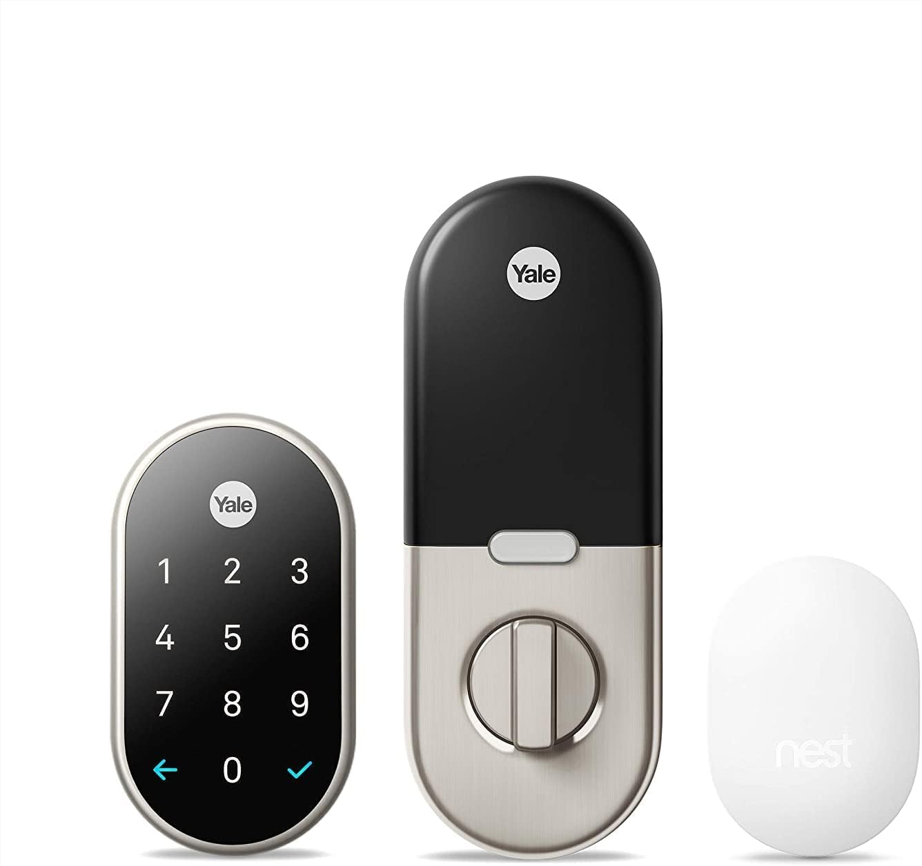 Google Nest x Yale Lock - Tamper-Proof Smart Lock for Keyless Entry - Keypad Deadbolt Lock for Front Door - Works with Nest Secure Alarm System - Satin Nickel (Renewed)