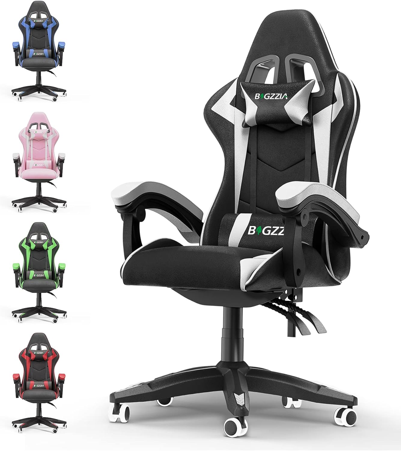 Bigzzia Gaming Chair Office Chair, Reclining High Back PU Leather Computer Desk Chair with Headrest and Lumbar Support Adjustable Swivel Rolling Video Game Chairs Ergonomic Racing Chair��Black/White��