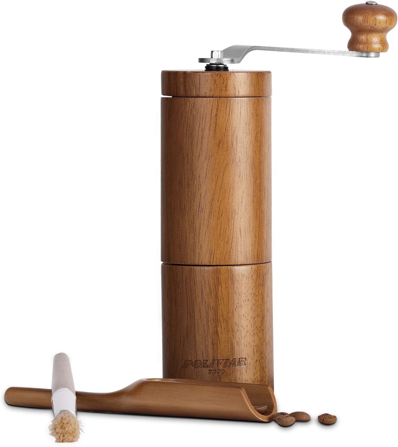 POLIVIAR Manual Coffee Grinder, Coffee Bean Grinder with Adjustable Ceramic Burr, Vintage Style Wooden Hand Coffee Grinder, Portable Burr Coffee Grinder with Brush and Spoon JX2022-CG10