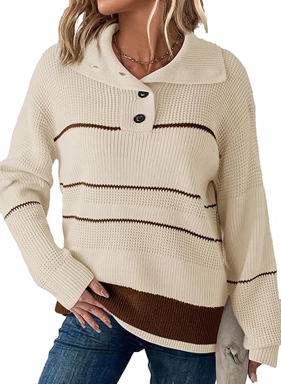 Dokotoo Womens Sweaters Long Sleeve Fall Fashion 2024 1/4 Button Pullover Sweater Striped Color Block Knit Jumper Tops