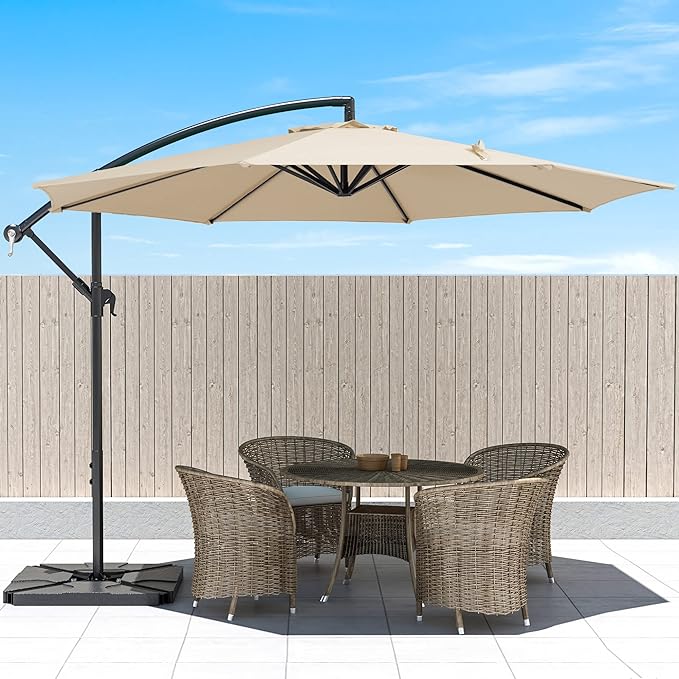 Bumblr 10ft Outdoor Umbrella with Base Included, Patio Offset Deck Umbrellas with Stand, UV Protected Sun Shade for Garden Lawn Backyard Pool, Beige