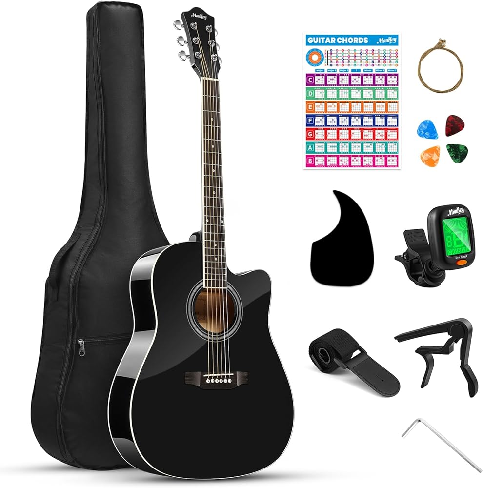 Moukey 41" Acoustic Guitar for Beginner Adult Teen Full Size Guitarra Acustica with Chord Poster, Gig Bag, Tuner, Picks, Strings, Capo, Strap Right Hand - Black