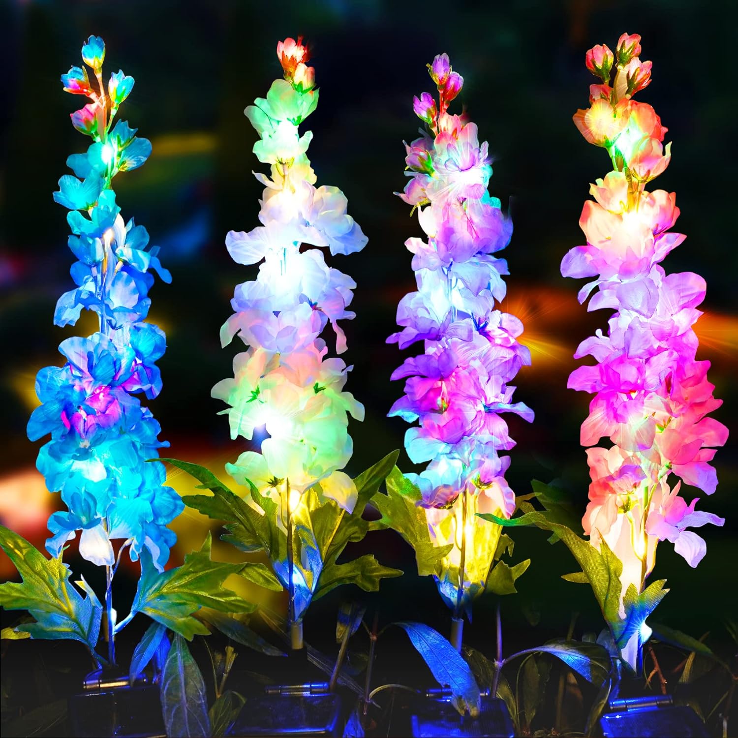 TONULAX Solar Garden Lights, 4 Pack Delphinium Flowers Lights with 32 LEDs, Two Lighting Modes & Upgraded Solar Panel Outdoor for Garden Decoration,Yard Decor and Gift for Mother