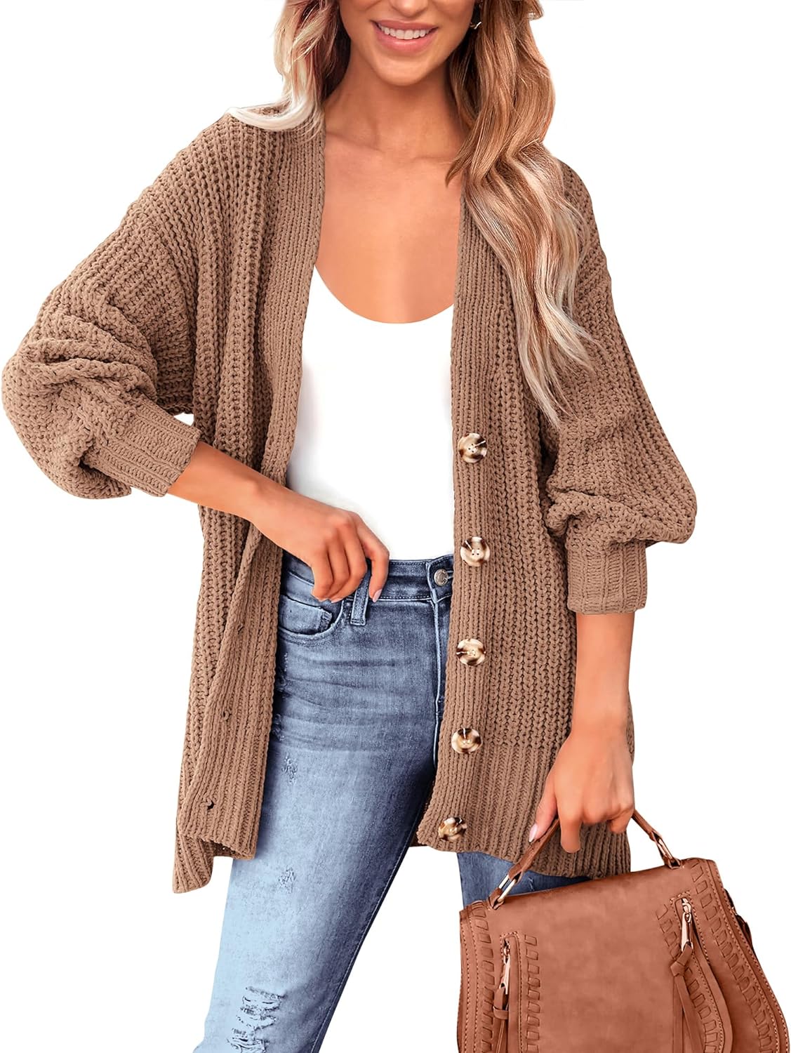 BTFBM Women' Button Down Cardigan Coat Long Sleeve Fall Winter Clothes Loose Chunky Knit Open Front Sweater Outerwear