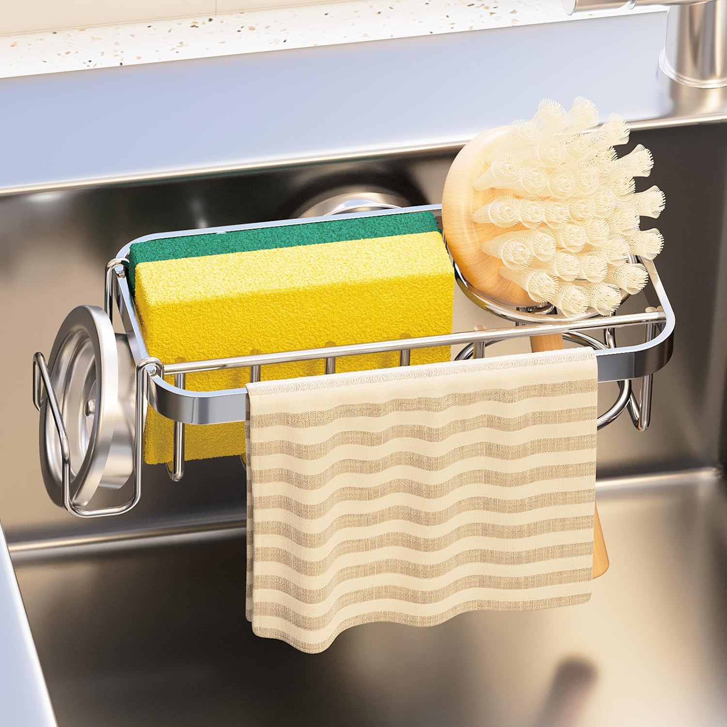 TAILI 4-in-1 Sponge Holder for Kitchen Sink with Strong Suction Cup,Dish Sponge Holder Inside Sink Removable, Rustproof Aluminum Sink Caddy for Sponge, Brush,Scrubber,Sink Stopper and Scraper -Silver