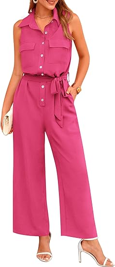 PRETTYGARDEN Women' Summer Jumpsuits Dressy Casual Sleeveless Button Up Belted Long Pants Rompers