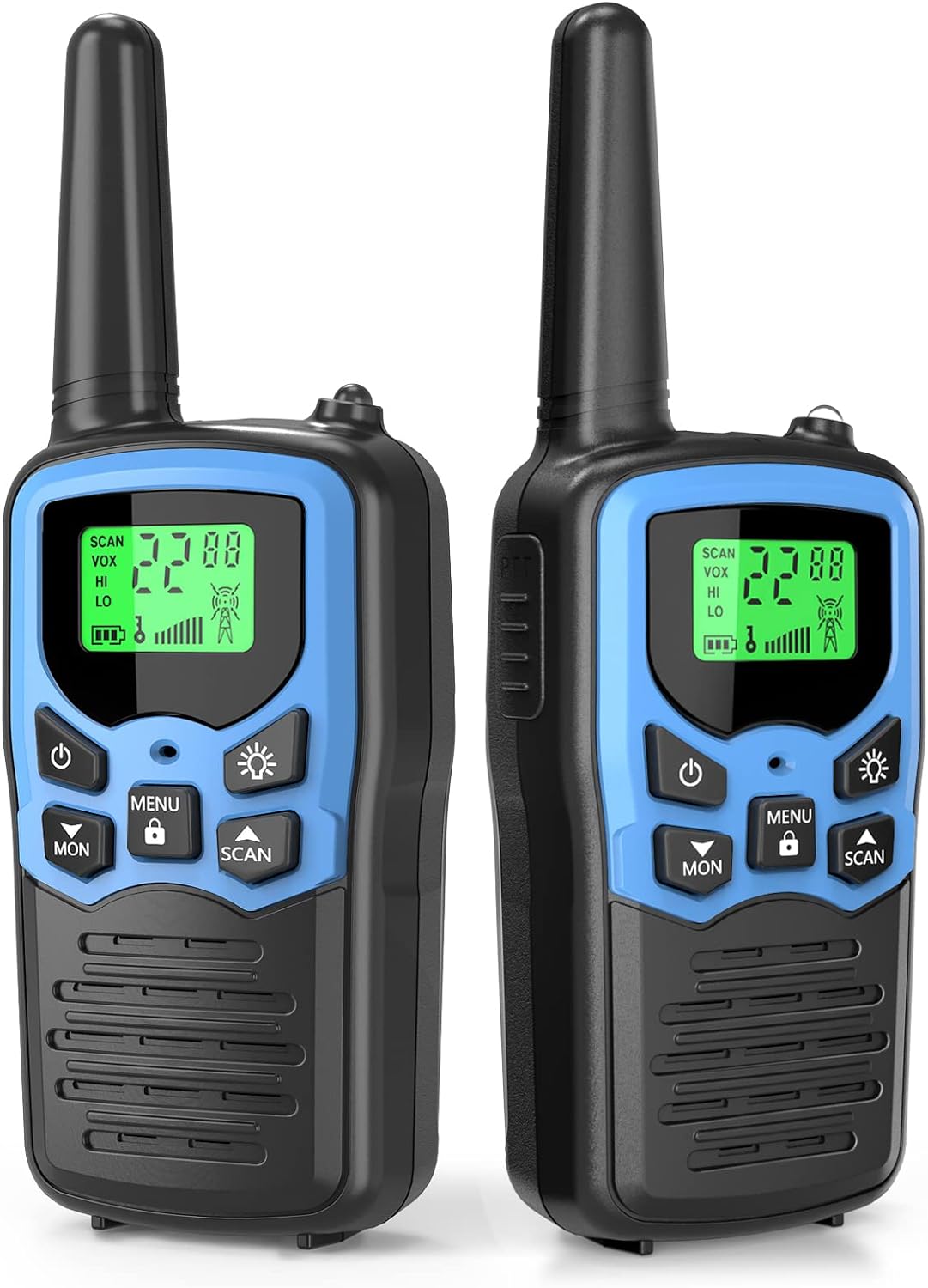 Walkie Talkies,MOICO Long Range Walkie Talkies for Adults Two-Way Radios with 22 Channels FRS VOX Scan LCD Display with LED Flashlight for Field, Survival Biking Hiking Camping 2 Pack (Blue)