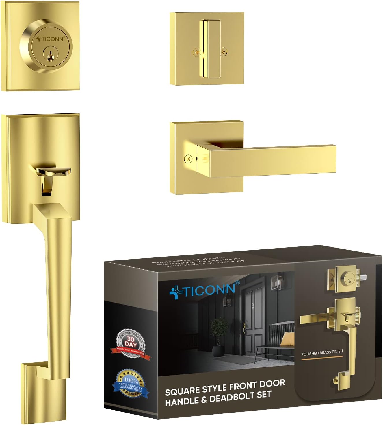 TICONN Front Door Handle Set, Heavy Duty Square Door Lever & Single Cylinder Deadbolt Combo Reversible for Entrance Exterior Doors (Polished Brass)