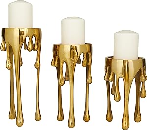 Deco 79 CosmoLiving by Cosmopolitan Aluminum Pillar Candle Holder with Dripping Melting Designed Legs, 12, 10, 8H, Gold, SMALL SIZE, Set of 3