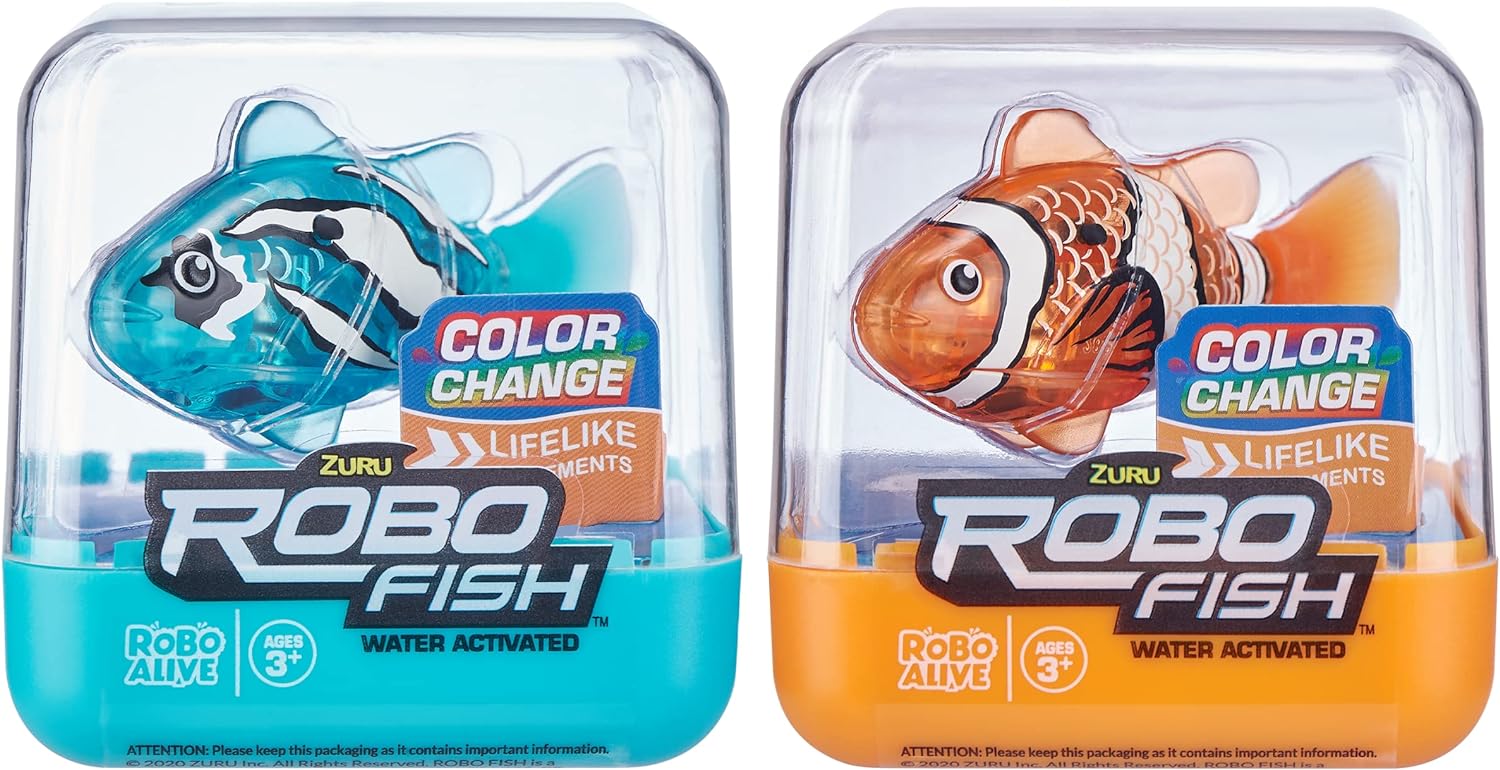 Robo Alive Robo Fish Robotic Swimming Fish (Teal   Orange 2 Pack) by ZURU Water Activated, Changes Color, Comes with Batteries, Amazon Exclusive - Teal   Orange (2 Pack)