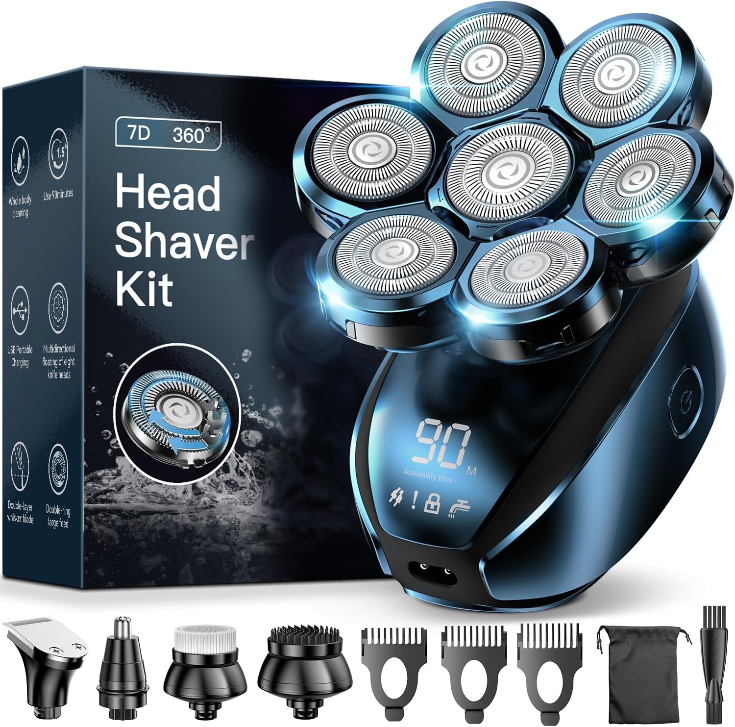 Head Shavers, Upgraded 5-in-1 Electric Razor for Bald Men, 7D Floating Shaving Rotary Shaver Grooming Kit, IPX7 Waterproof Wet/Dry LED Display USB Rechargeable