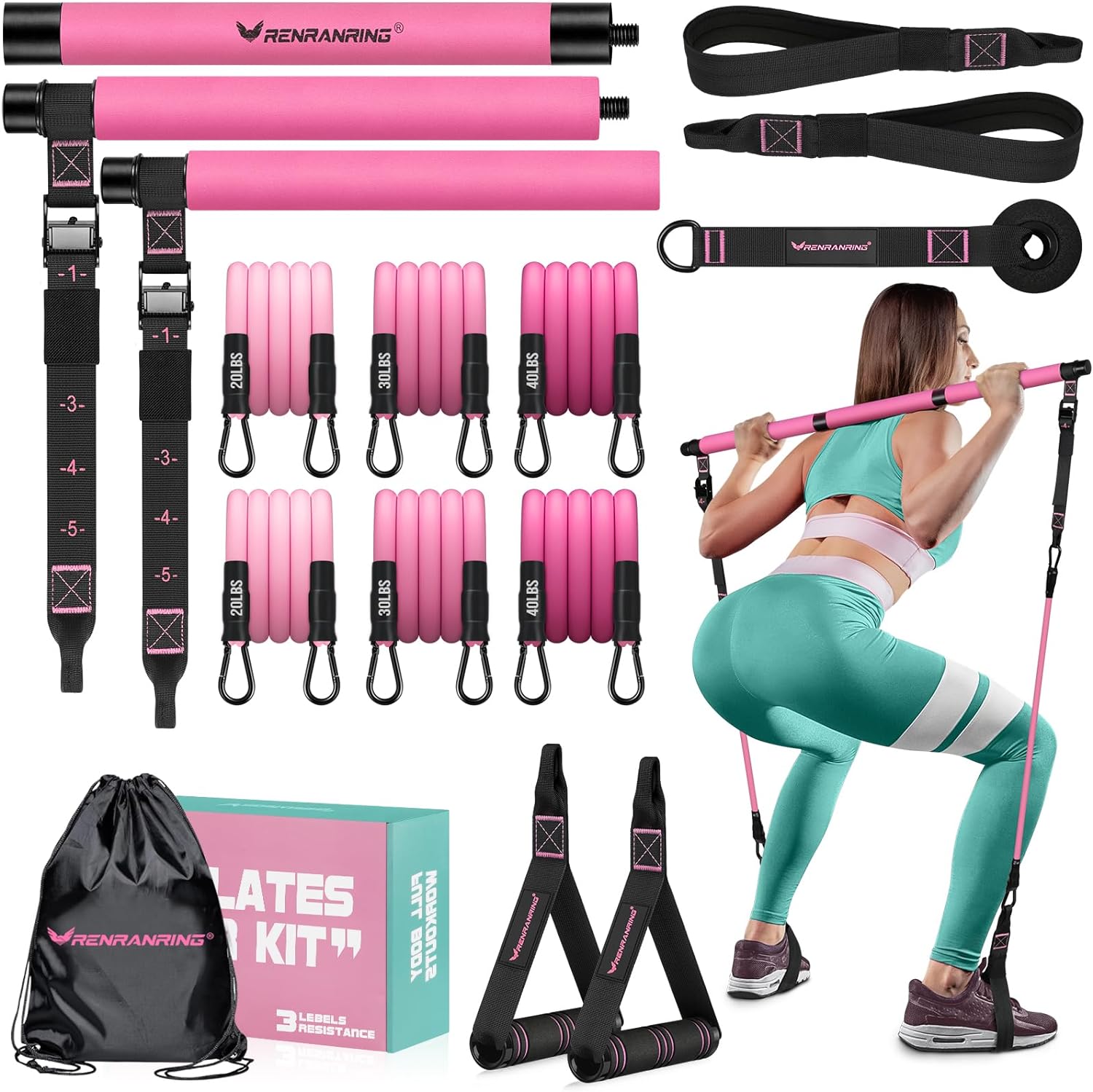 Pilates Bar Kit with Resistance Bands, Multifunctional Pilates Bar for Women & Men with Heavy-Duty Metal Adjustment Buckle, Pilates Home Equipment for Full BodyWorkouts