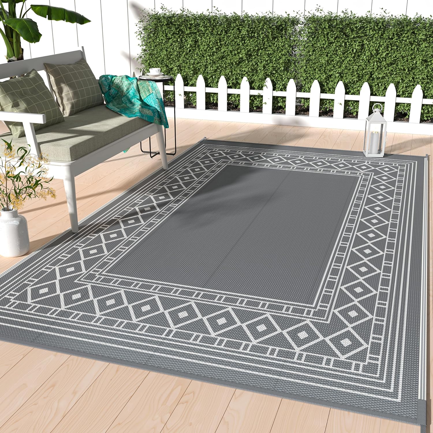 GENIMO Outdoor Rug 5'x8' for Patio Clearance, Reversible Plastic Straw Outdoor Area Carpet Waterproof, Camping Outside Mat for Outdoor Decor, RV, Deck, Camper, Balcony,Picnic Grey & White