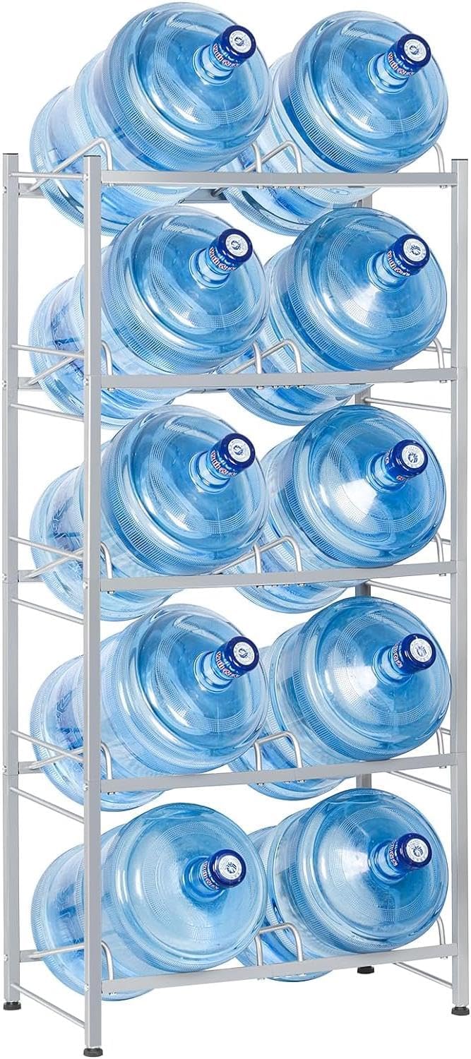 LIANTRAL 5 Gallon Water Bottle Holder, 5 Tiers Silver Double Row Heavy Duty Water Cooler Jug Rack, Water Rack with 10 Slots for Home Kitchen