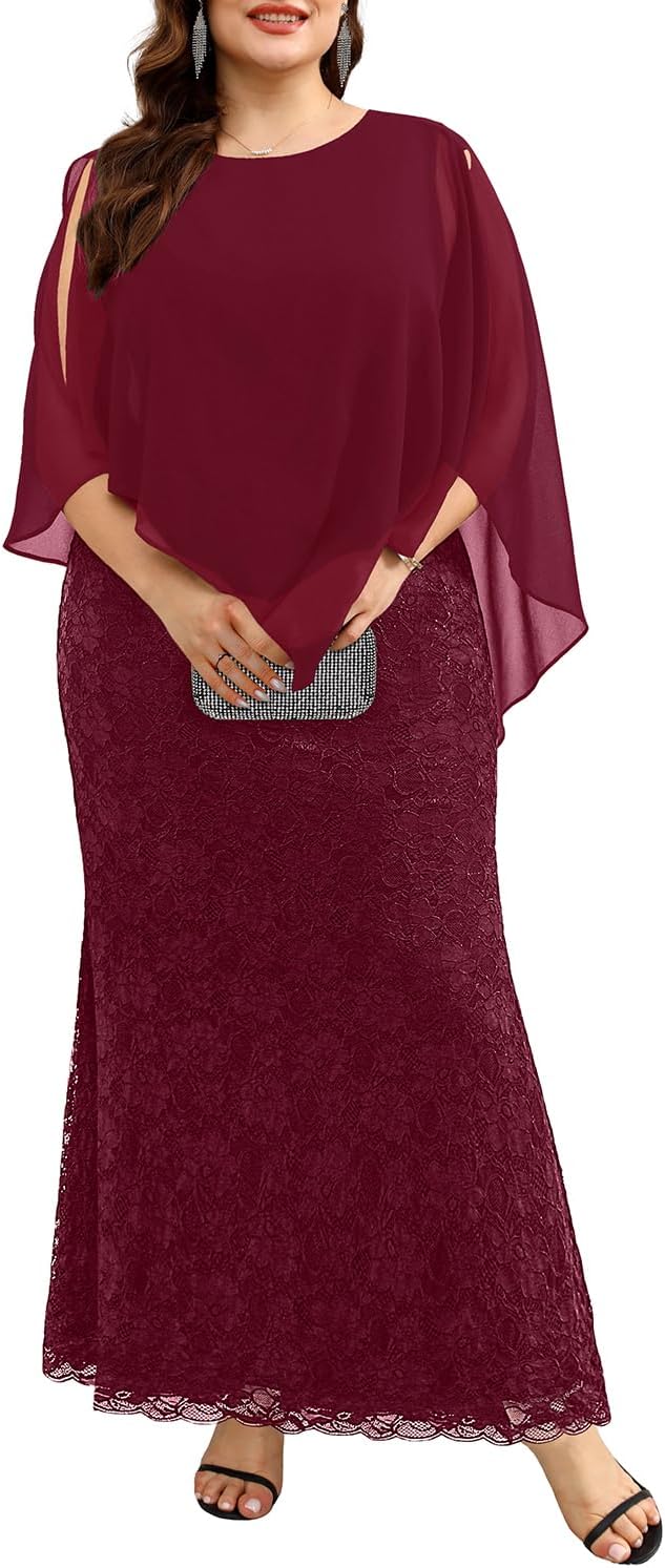 Women' Plus Size Cape Dress with Chiffon Overlay Gown Formal Evening Lace Long Mermaid Dresses 2024