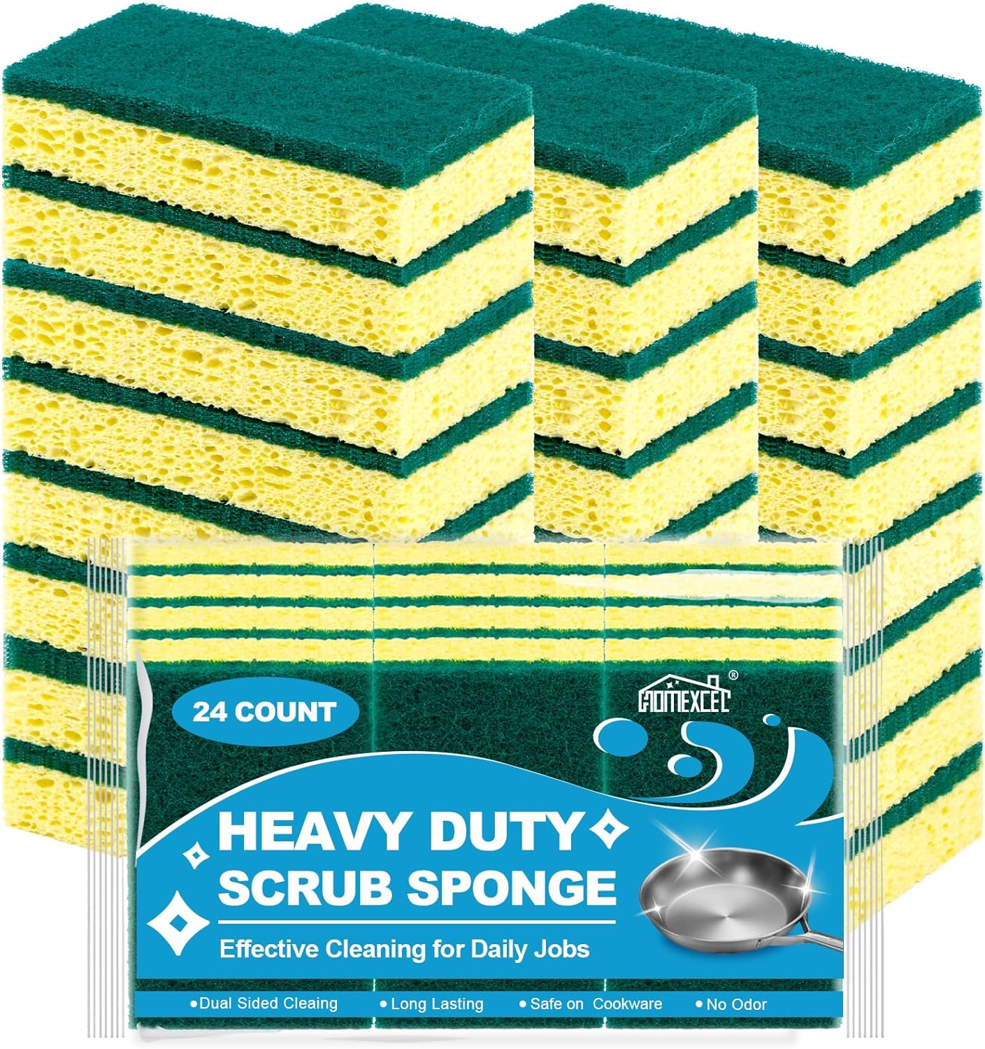 Heavy Duty Scrub Sponges Kitchen 24pcs,Dual Side Cleaning Dish Sponges for Non-Coated Cookware,Pocelain Bakeware and More