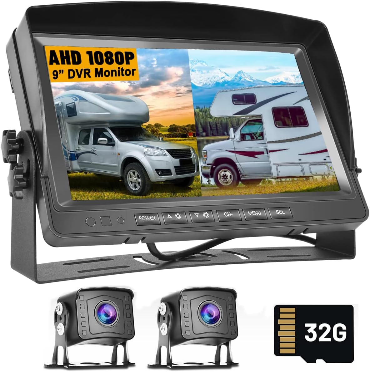 9 Inch DVR Car Monitor Dual Backup Camera Kit HD 1080P Night Vision IP69 Waterproof Rear View Cam 2 Split Screen Back Up Camera Kit for Car/Truck/Trailer/RV/Pickup 12-35V with 32G SD Card