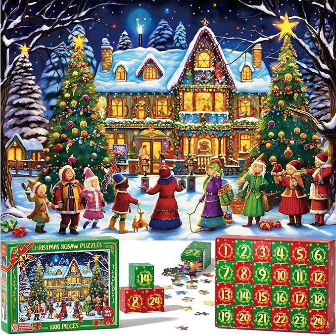 Tiblue Puzzle Advent Calendar 2023, 1000 Piece Christmas Jigsaw Puzzles for Adult Kids, 24 Days Christmas Countdown Gifts Box for 6 7 8 9 10 11 12 Year Old Teen Boy Girl Women Men Xmas Family Game Toy