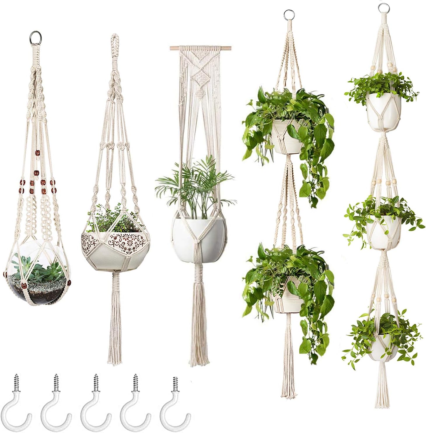 Mkono Macrame Plant Hangers, 5 Pack Different Tiers Indoor Hanging Planters Basket with 5 Hooks Decorative Flower Pots Holder Stand Boho Home Decor