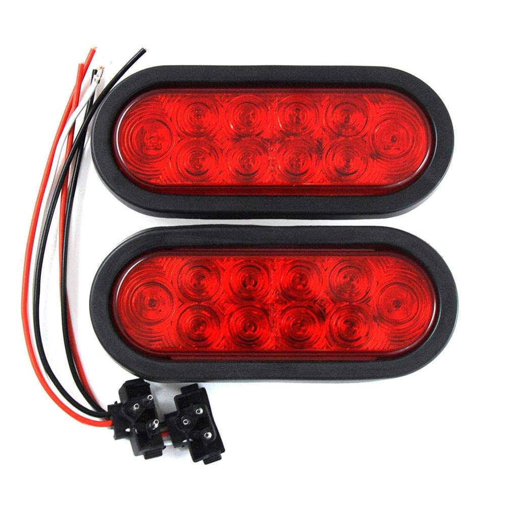 PPI (2) Red Trailer Truck LED Sealed RED 6 Oval Stop/Turn/Tail Light Marine Waterproof Including 3-pin water tight plug DOT SAE with wires and Grommet