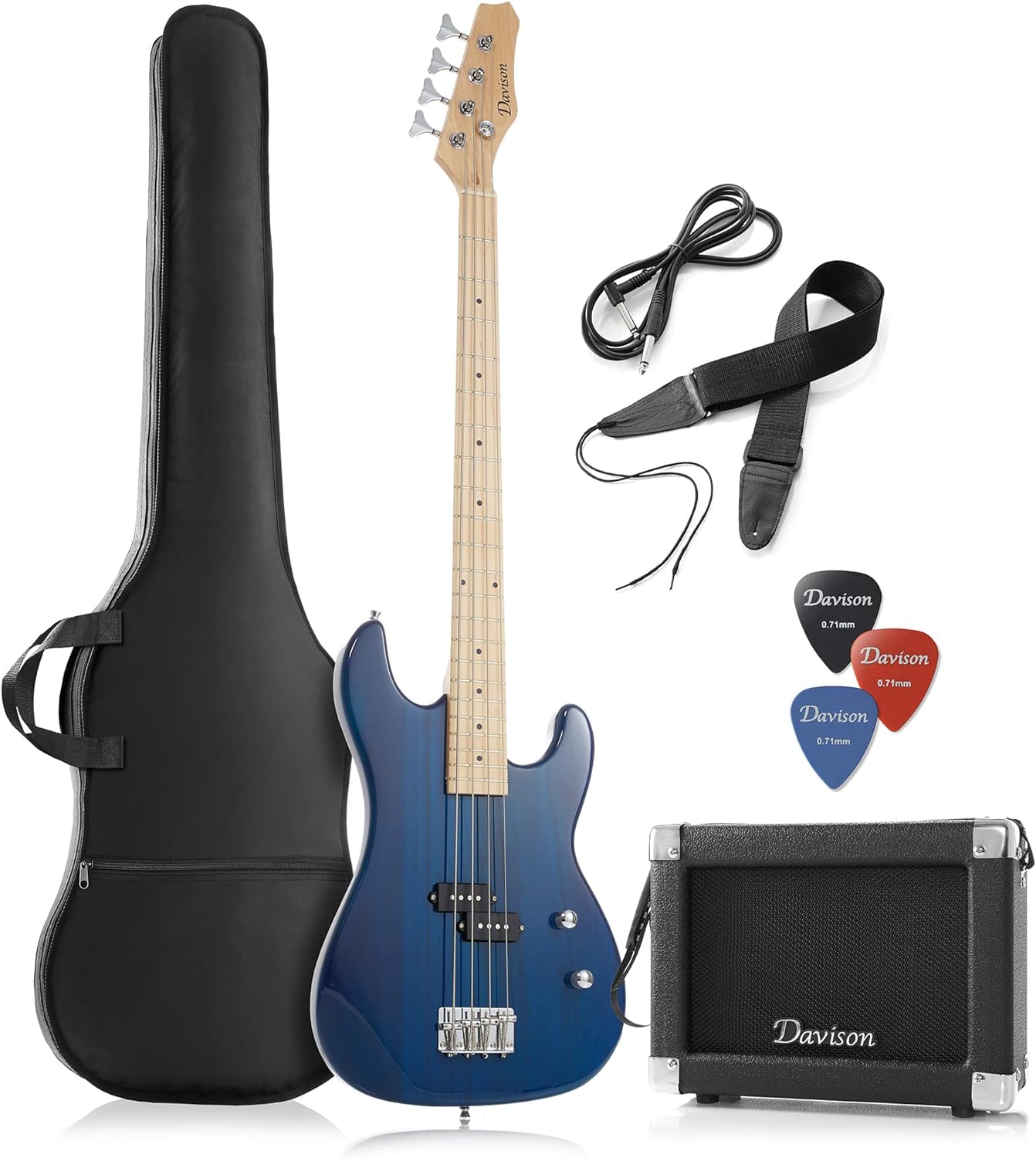 Full Size Electric Bass Guitar with 15-Watt Amp, Blue - 4 String Right Handed Beginner Kit with Gig Bag and Accessories