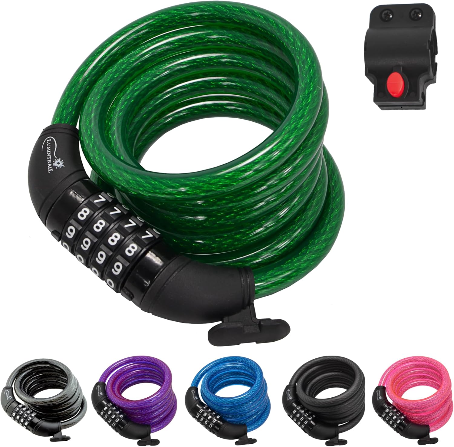 Lumintrail Combination Bike Lock Cable for Bike Accessories - 4ft Bike Locks Heavy Duty Anti Theft with Combinations - Bike Cable Lock Combination with Mounting Bracket (1 Pack, Green)