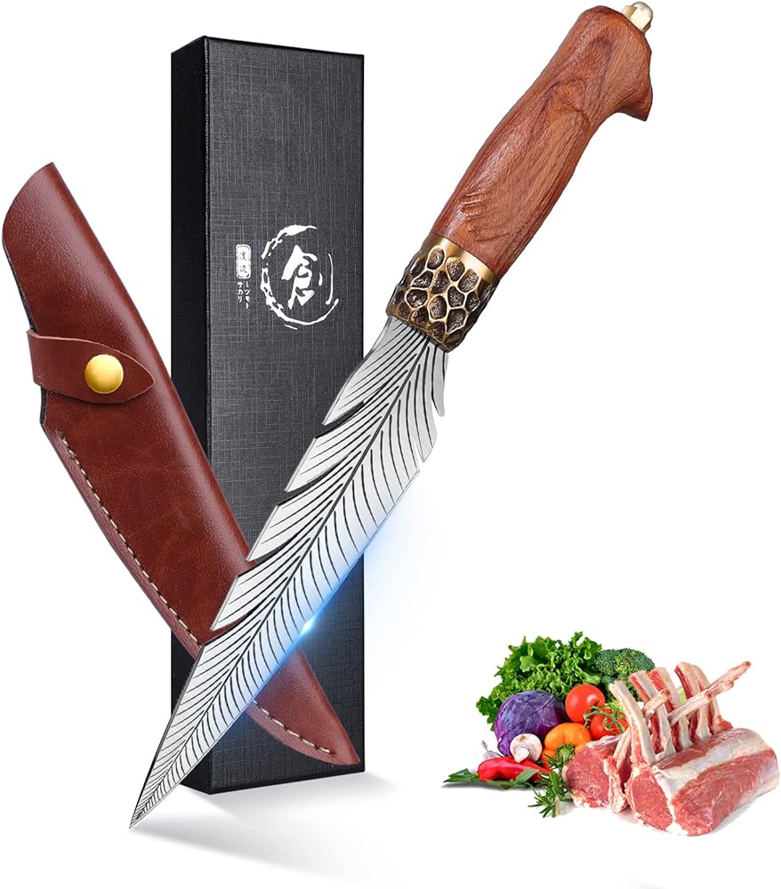 PURPLEBIRD Feather Viking Knife, Japanese Hand Forged Butcher Boning Knife with Sheath, Sharp Knife for Meat and Fruit, Gift Choice