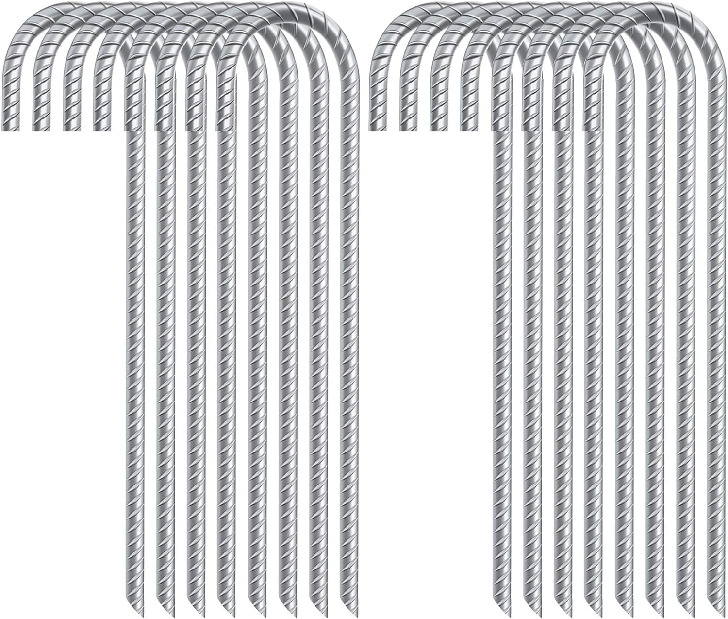 FEED GARDEN 12 Inch 16 Pack Rebar Stakes Heavy Duty J Hook, Galvanized Ground Stakes Tent Stakes Steel Ground Anchors, Chain Link Fence Stakes, Trampoline Stakes,Silver