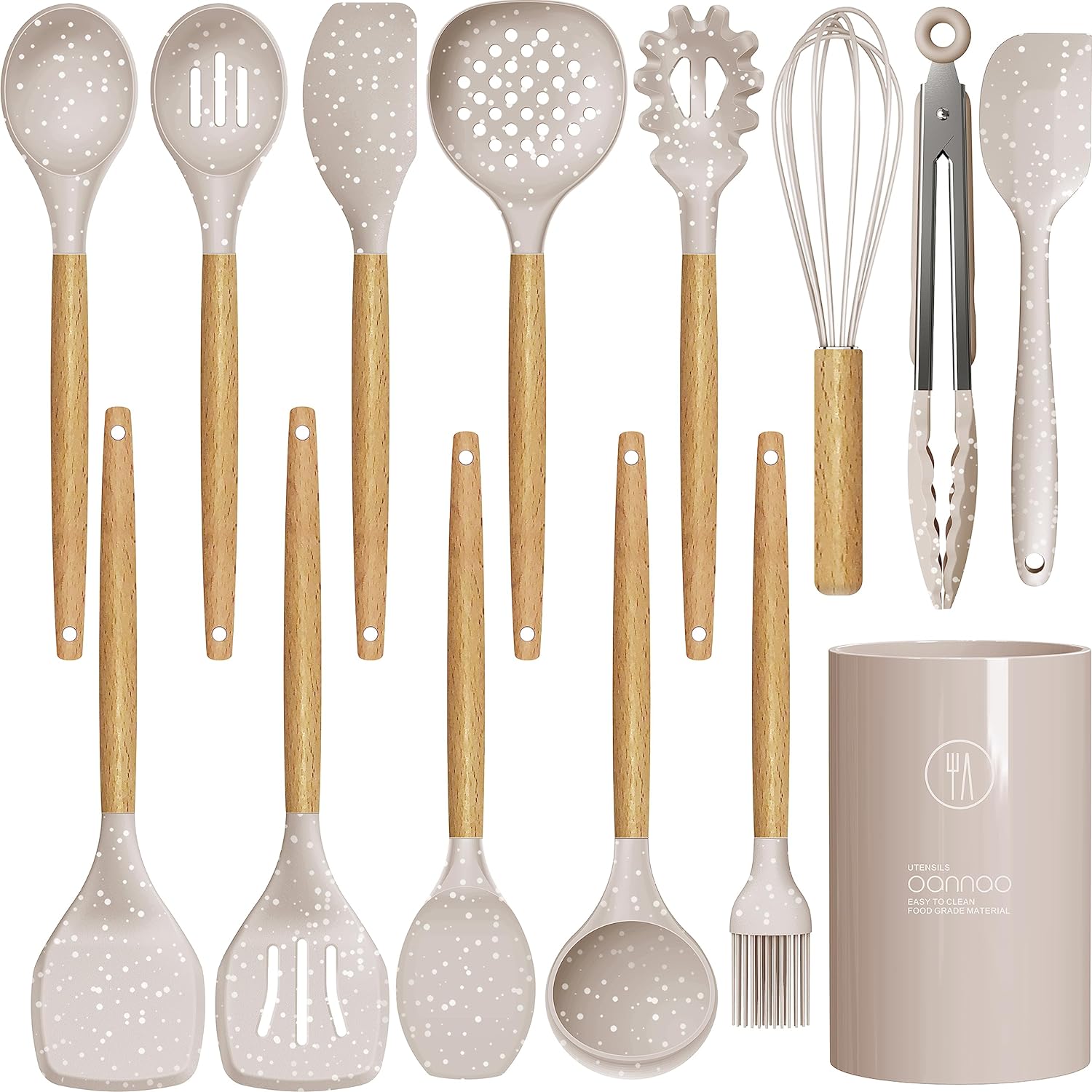 Khaki Granite Pattern Silicone Cooking Utensils Set - 446F Heat Resistant Silicone Kitchen Utensils for Cooking,Kitchen Utensil Spatula Set w Wooden Handles and Holder for Non-Stick Cookware