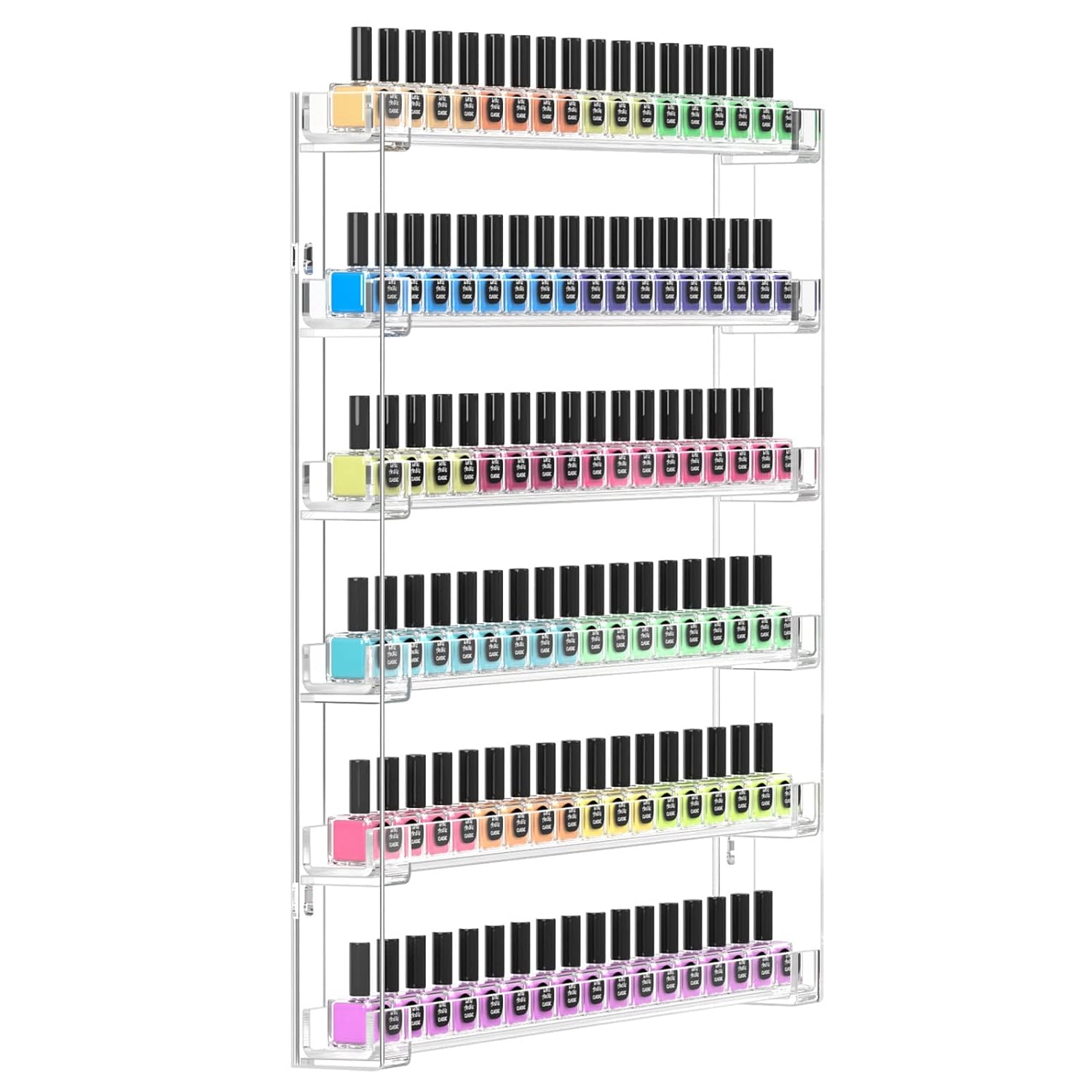 FEMELI 21 * 21 Inch Nail Polish Wall Rack, Easy to Install, Clear Acrylic Nail Polish Display Holder Organizer 6 Tier Hold Up To 90-120 Bottles