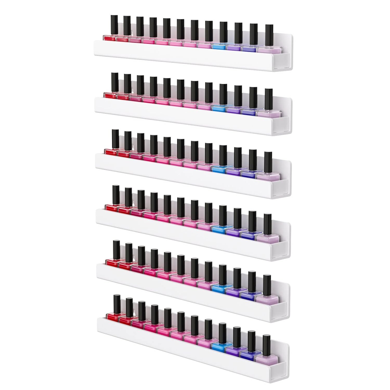 FEMELI Nail Polish Wall Rack: 6 Shelves 15 Inch White Acrylic Nail Polish Holder Organizer for 66-90 Bottles, Multi-Purpose Acrylic Floating Shelves (15 Inch, White)