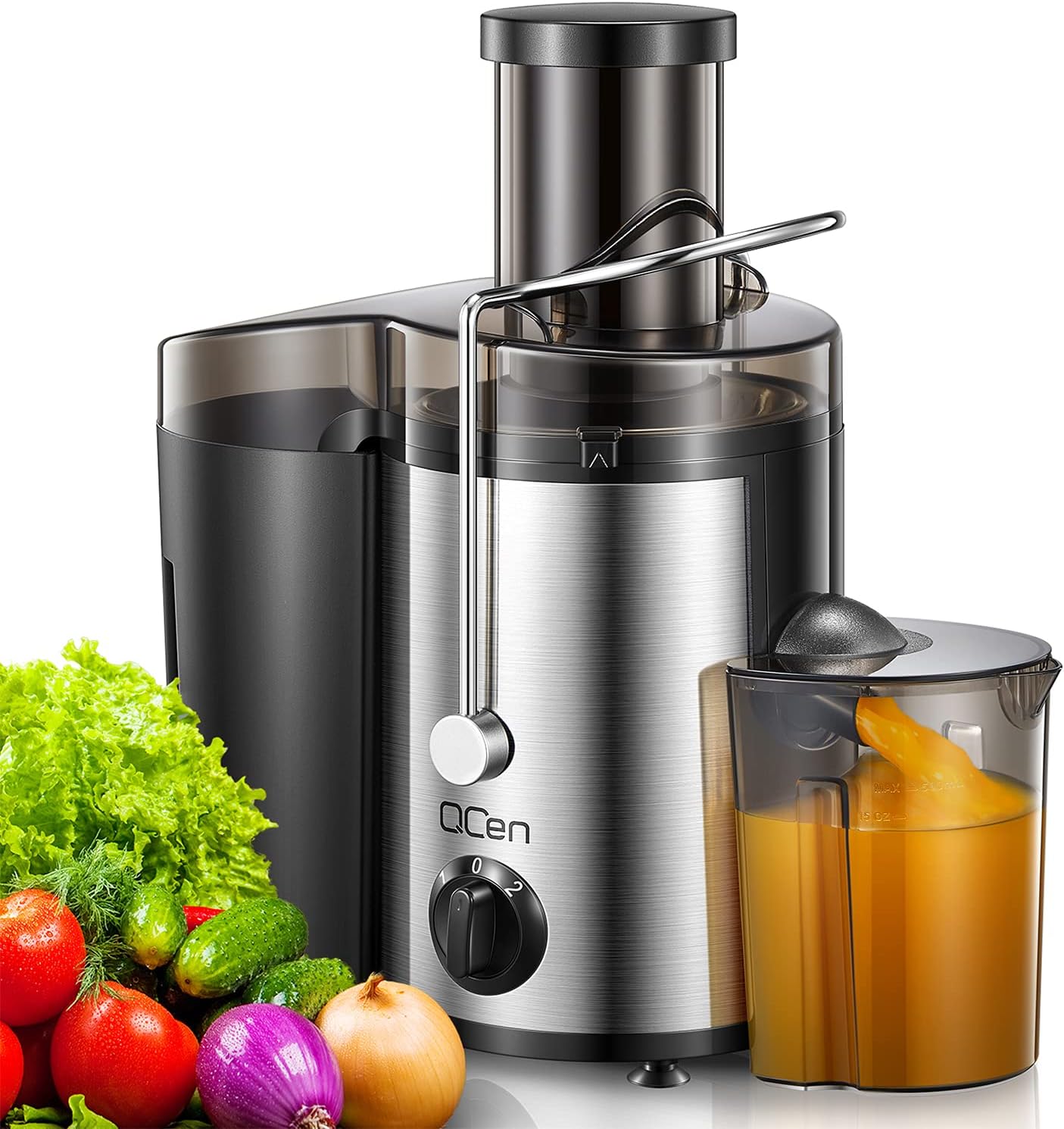 Qcen Juicer Machine, 500W Centrifugal Juicer Extractor with Wide Mouth 3 Feed Chute for Fruit Vegetable, Easy to Clean, Stainless Steel, BPA-free (Black)