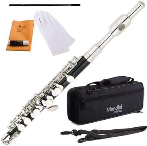 Mendini MPO-EN Black Resin Key of C Piccolo with Nickel Plated Keys with Case, Joint Grease, Cleaning Cloth and Rod, and Gloves