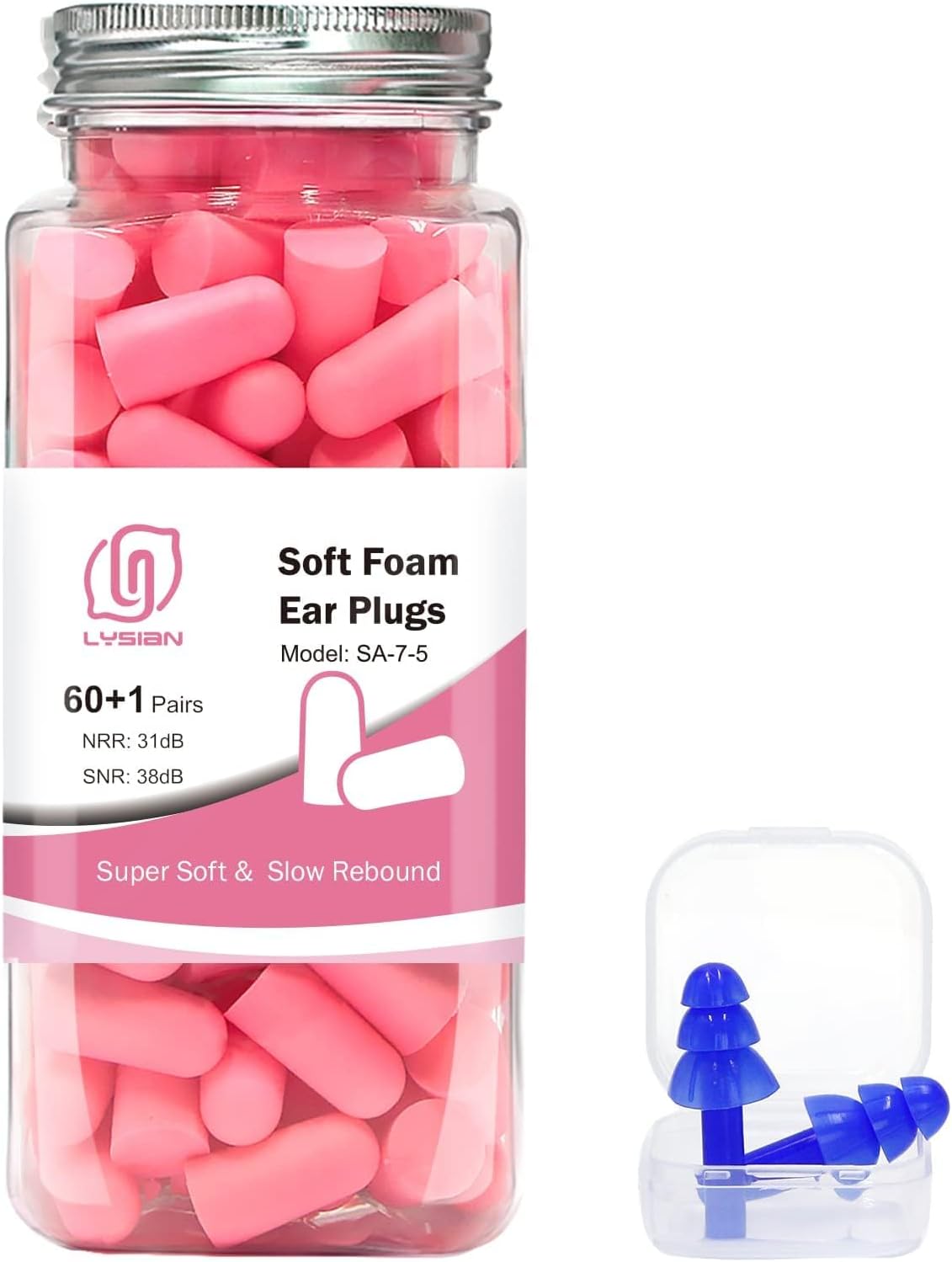 LYSIAN Ultra Soft Foam Earplugs for Sleep Noise Reduction -38dB Noise Cancelling Ear Plugs for Sleeping, Snoring, Shooting, Travel Loud Sound-60 Pairs-Pink Color