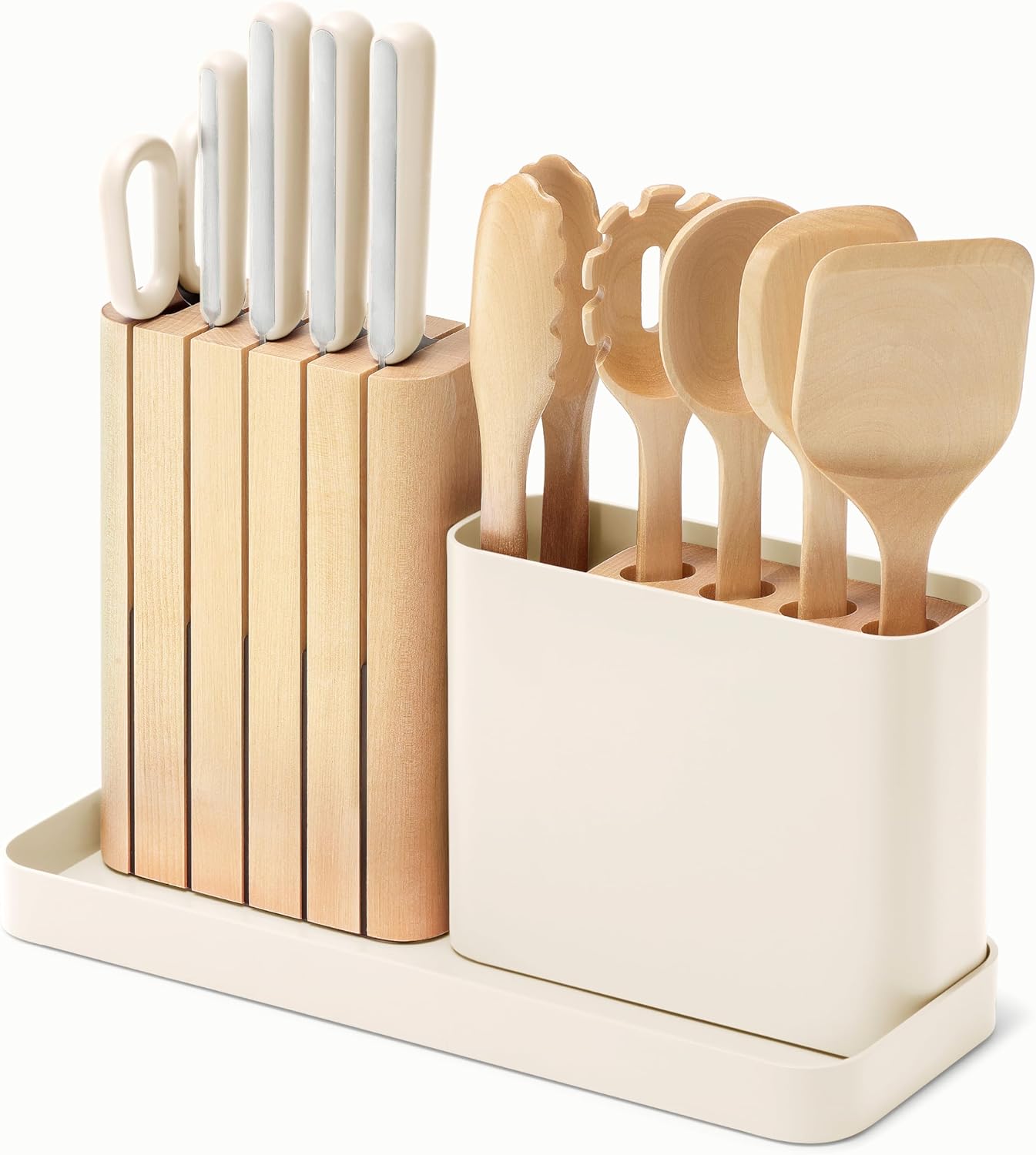 Caraway 14-Piece Kitchen Prep Set - Kitchen Knife Set & Wooden Utensil Set - Made With Premium German Steel Blades & FSC-Certified Birch Wood - Non-Toxic Materials - Includes Organizer - Cream