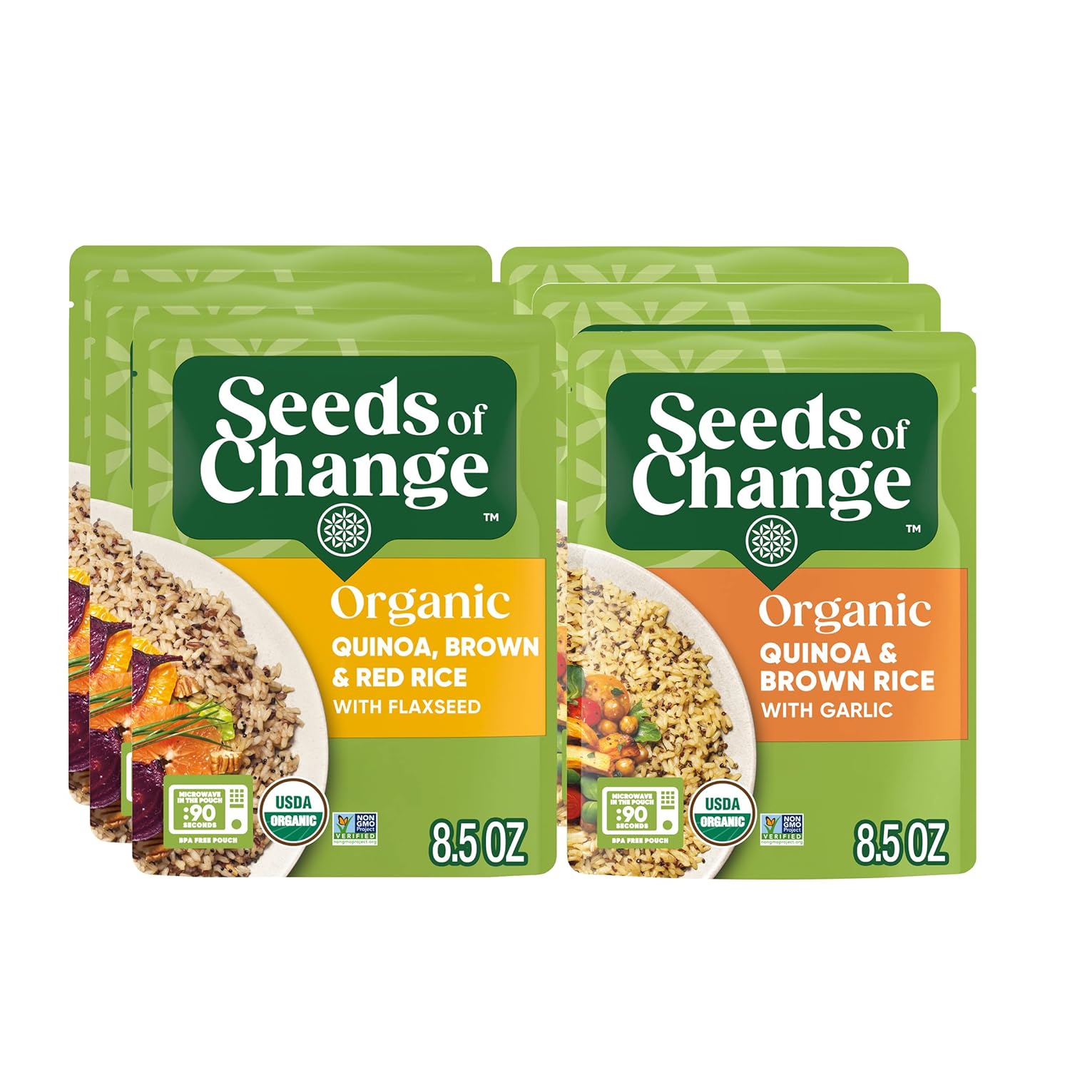 SEEDS OF CHANGE Organic Rice Variety Pack Quinoa and Brown Rice with Garlic &amp; Quinoa Brown &amp; Red Rice with Flaxseed, Microwaveable Ready to Heat, 8.5 Ounces (Pack of 6)