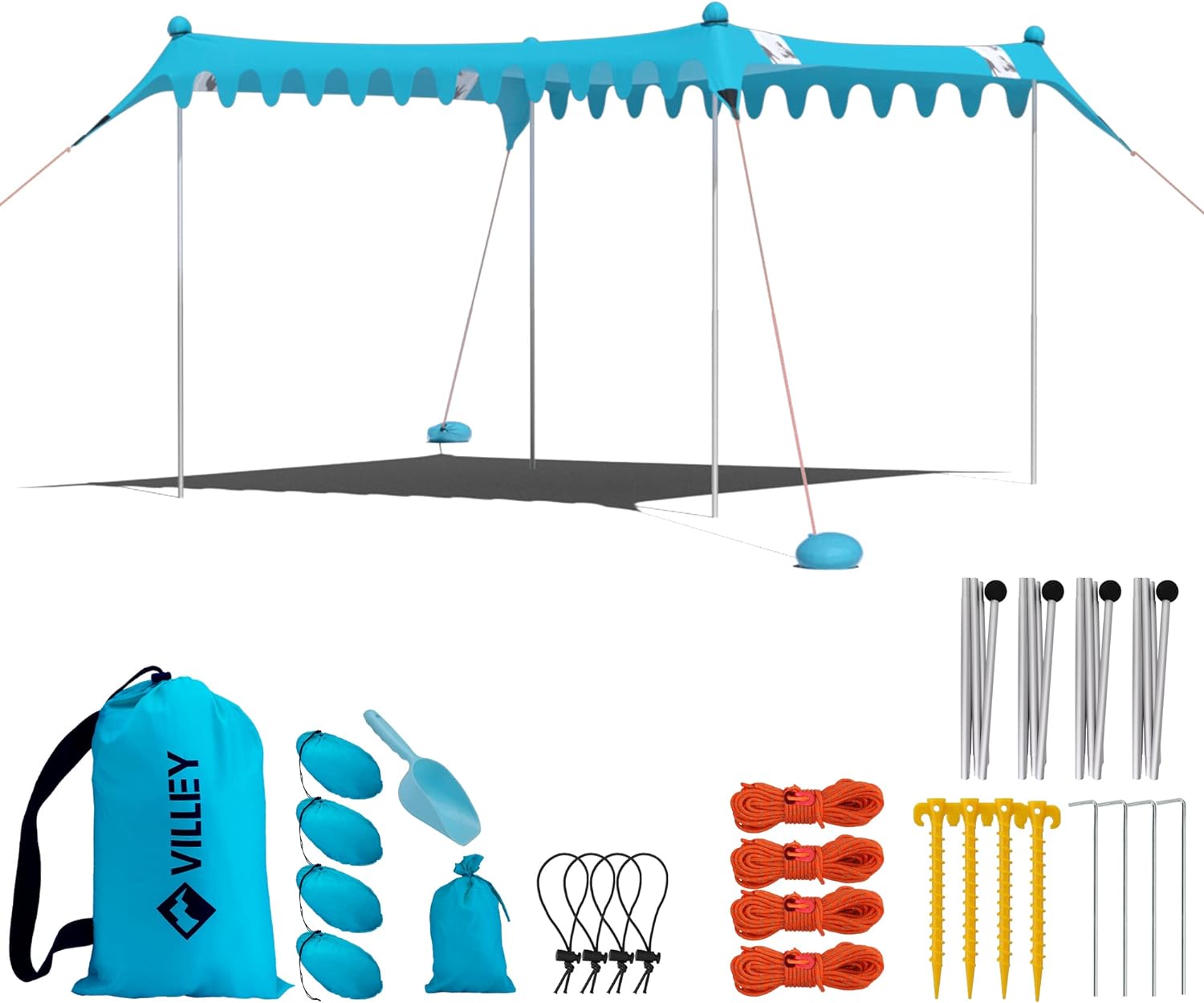 VILLEY Beach Tent Sun Shelter with UPF50+ Protection, 11×10FT Portable Sun Shade with 4 Stability Poles, 8 Ground Pegs, 4 Sandbags and Sand Shovel, Outdoor Beach Canopy for Camping Trips, Picnics