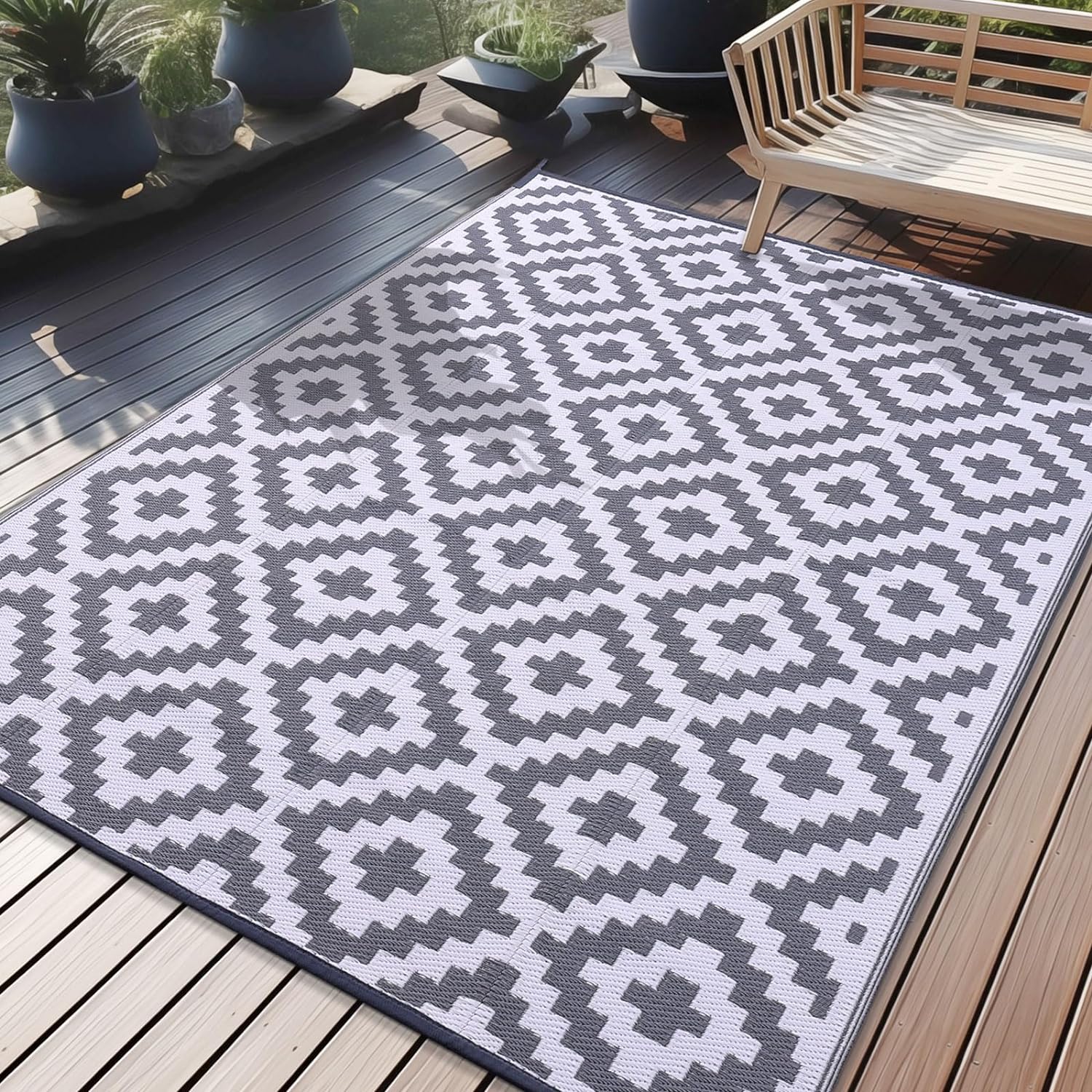 OLANLY Waterproof Outdoor Rug 6x9 ft, Reversible Plastic Straw Patio Rug for Camping, RV Mat Outside, Indoor Outdoor Carpet for Porch, Deck, Backyard, Camper, Balcony, Picnic, Grey & White