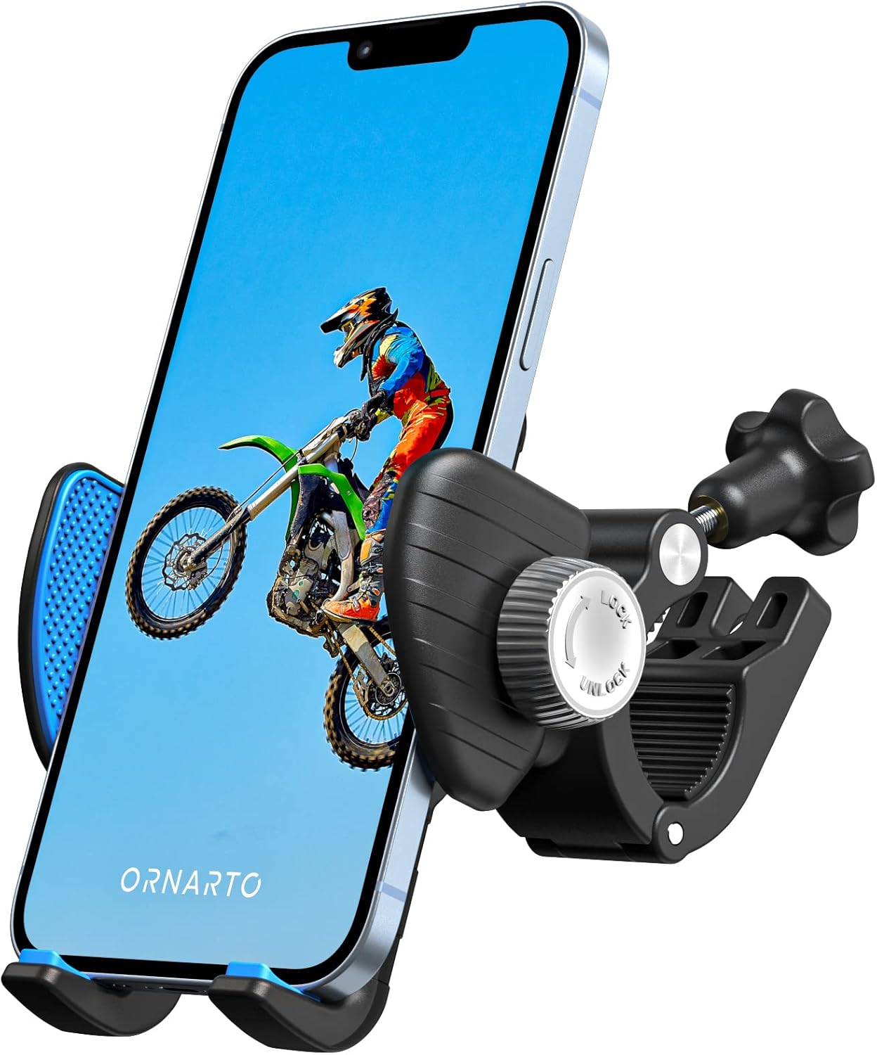 ORNARTO Bike Phone Holder, Rotatable Motorcycle Phone Mount [Thick Cases Friendly] Handlebar Clamp for Scooter and Bike, Compatible with iPhone 15 14 13 12 Series, 2.17~3.54 Wide Phones