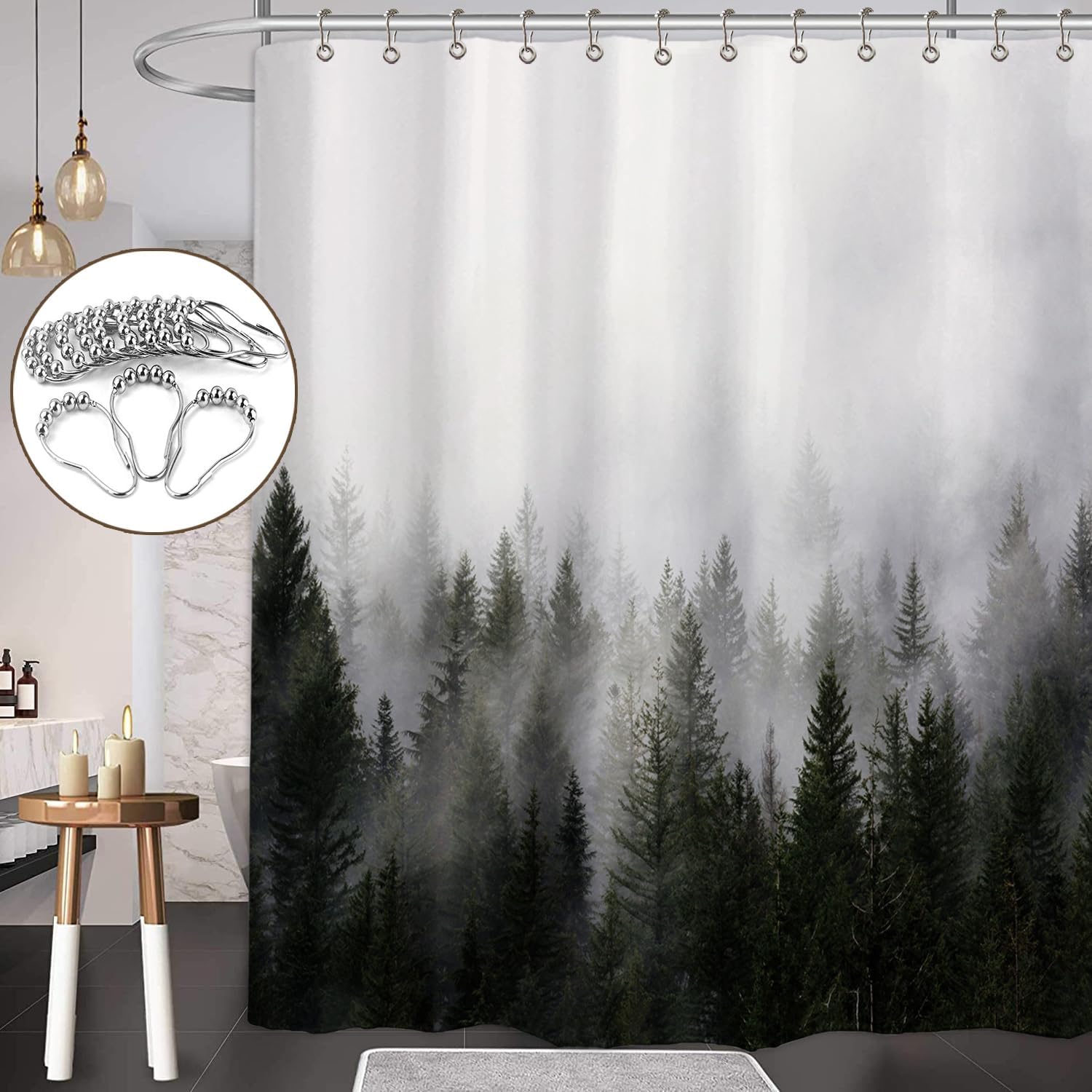 ORTIGIA Misty Forest Shower Curtains,Nature and Woodland Shower Curtain,Fantasy Fog Magic Winter Tree Bath Curtain for Bathroom,Waterproof Polyester Fabric 72" Wx72 L-with Hooks