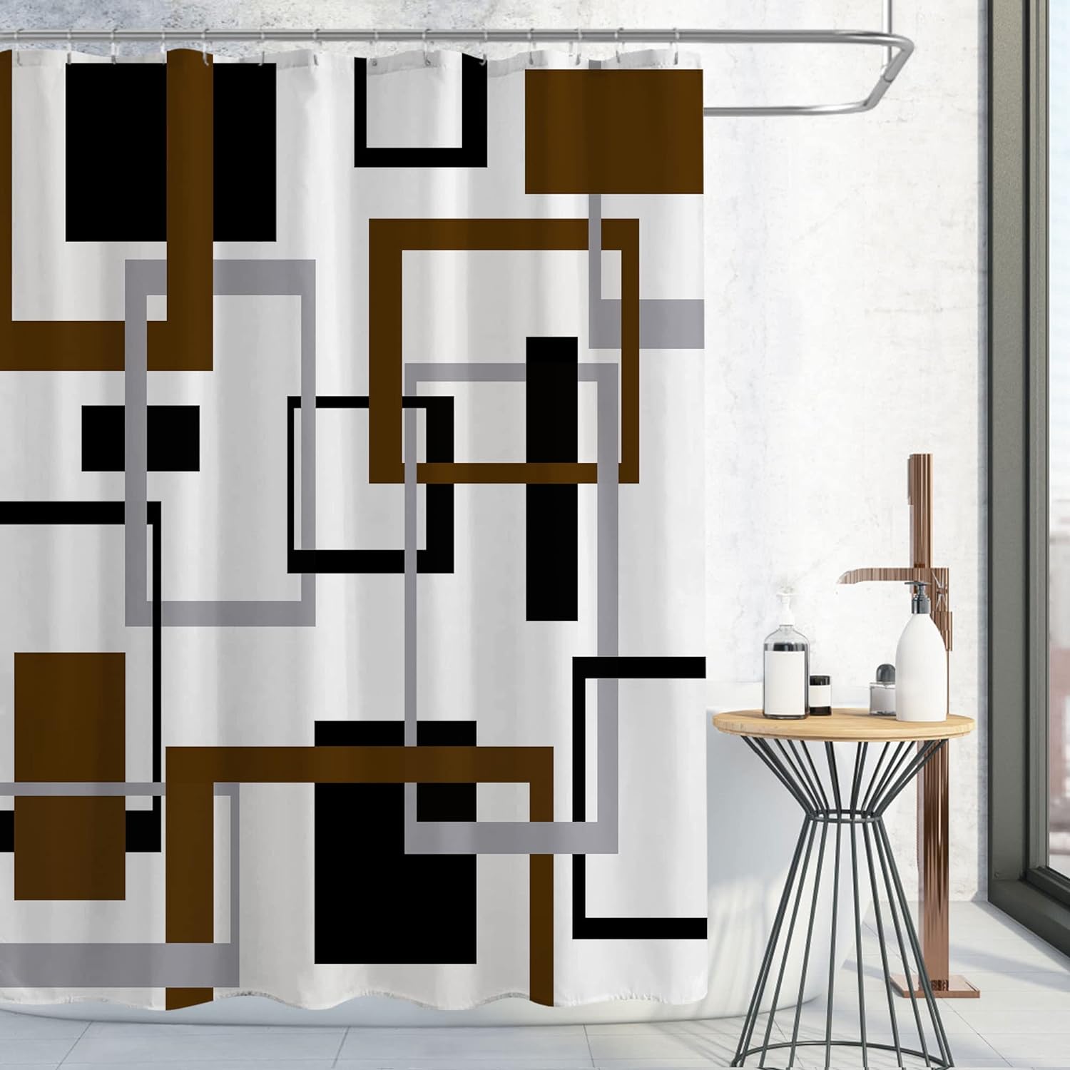 Gibelle Brown Shower Curtain, Abstract Black Grey White Geometric Fabric Shower Curtain, Mid Century Modern Decor Waterproof Bathroom Curtain Shower Set with Hooks, 72 x 72