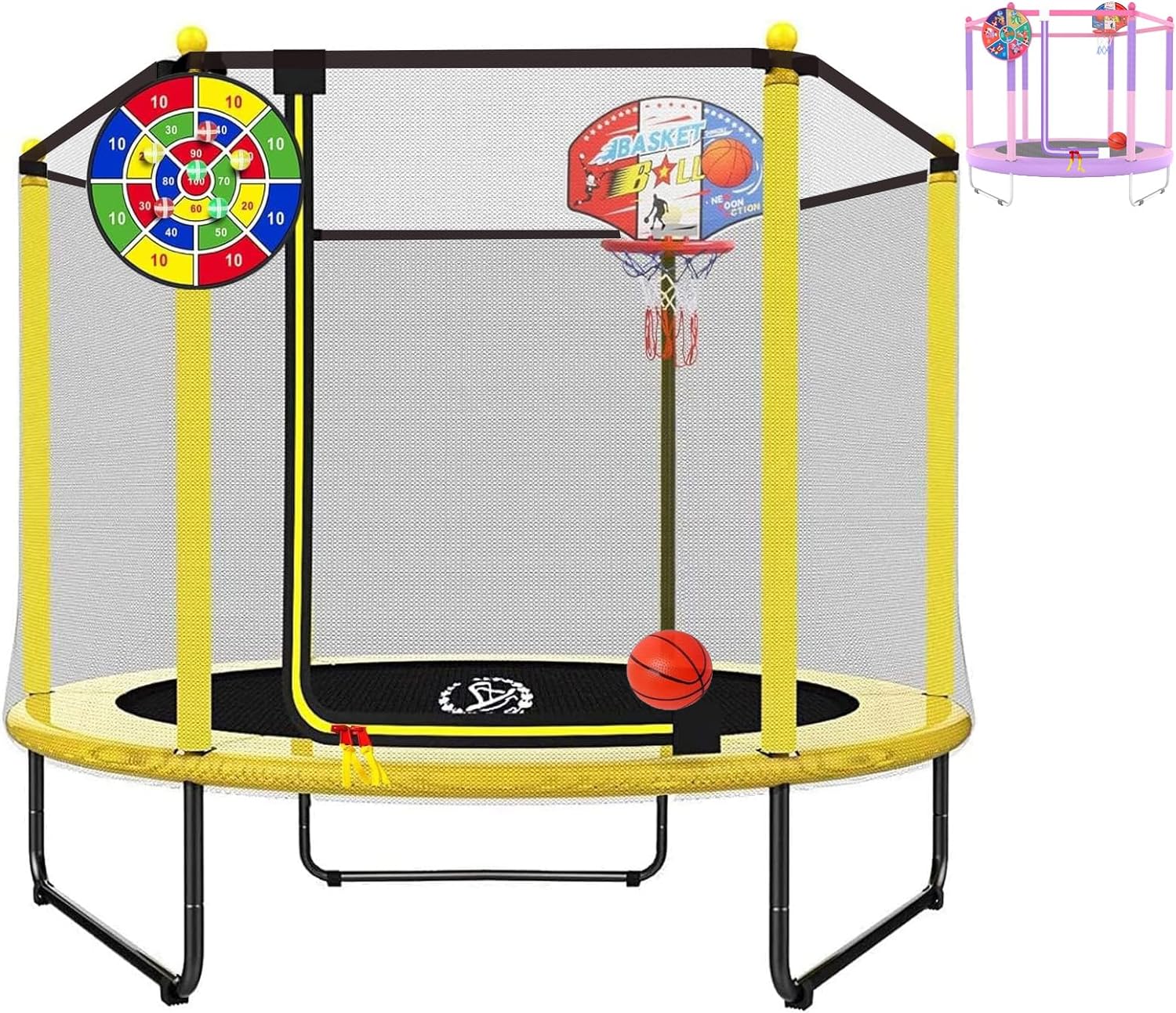 LANGXUN 60 Trampoline for Kids, 5ft Mini Toddler Indoor & Outdoor Trampoline with Net, Basketball Hoop & Dart Board, Birthday Gifts for Boys & Girls, Baby Toddler Christmas Toys