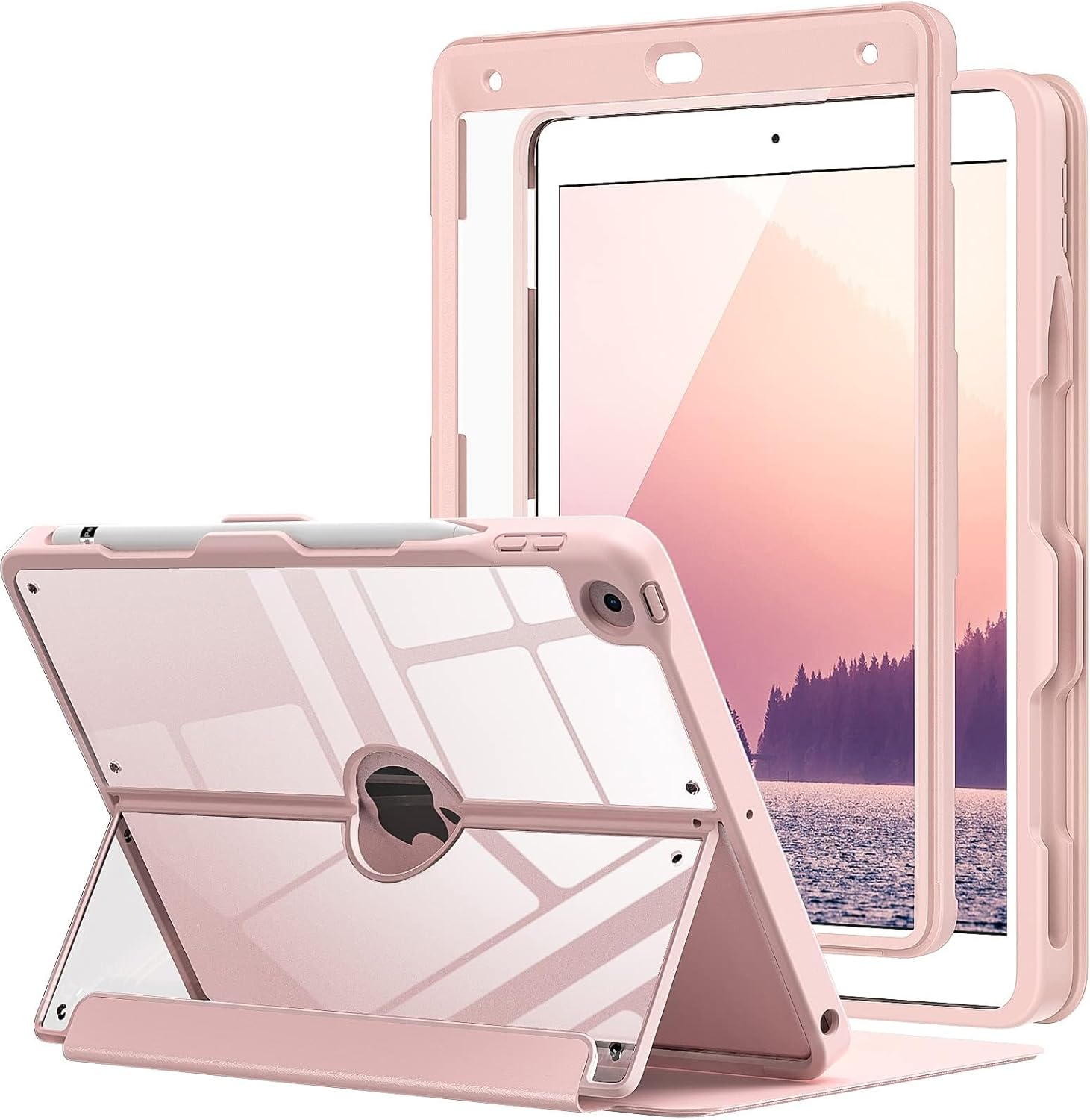 MoKo Case for iPad 9th Generation 2021/ iPad 8th Generation 2020/ iPad 7th Gen 2019 with Pencil Holder, Built-in Screen Protector Clear Back, Multi Angle Viewing Stand, Auto Wake/Sleep, Rose Gold